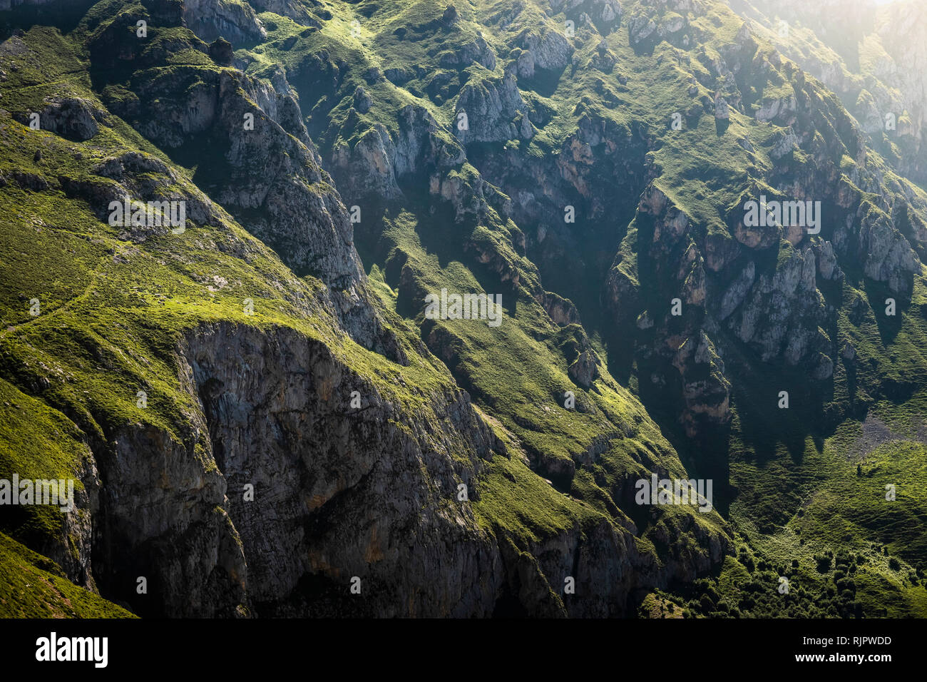 Rugged landscape near Fuente De in national reserve Parque National de los Picos de Europa, Potes, Cantabria, Spain Stock Photo