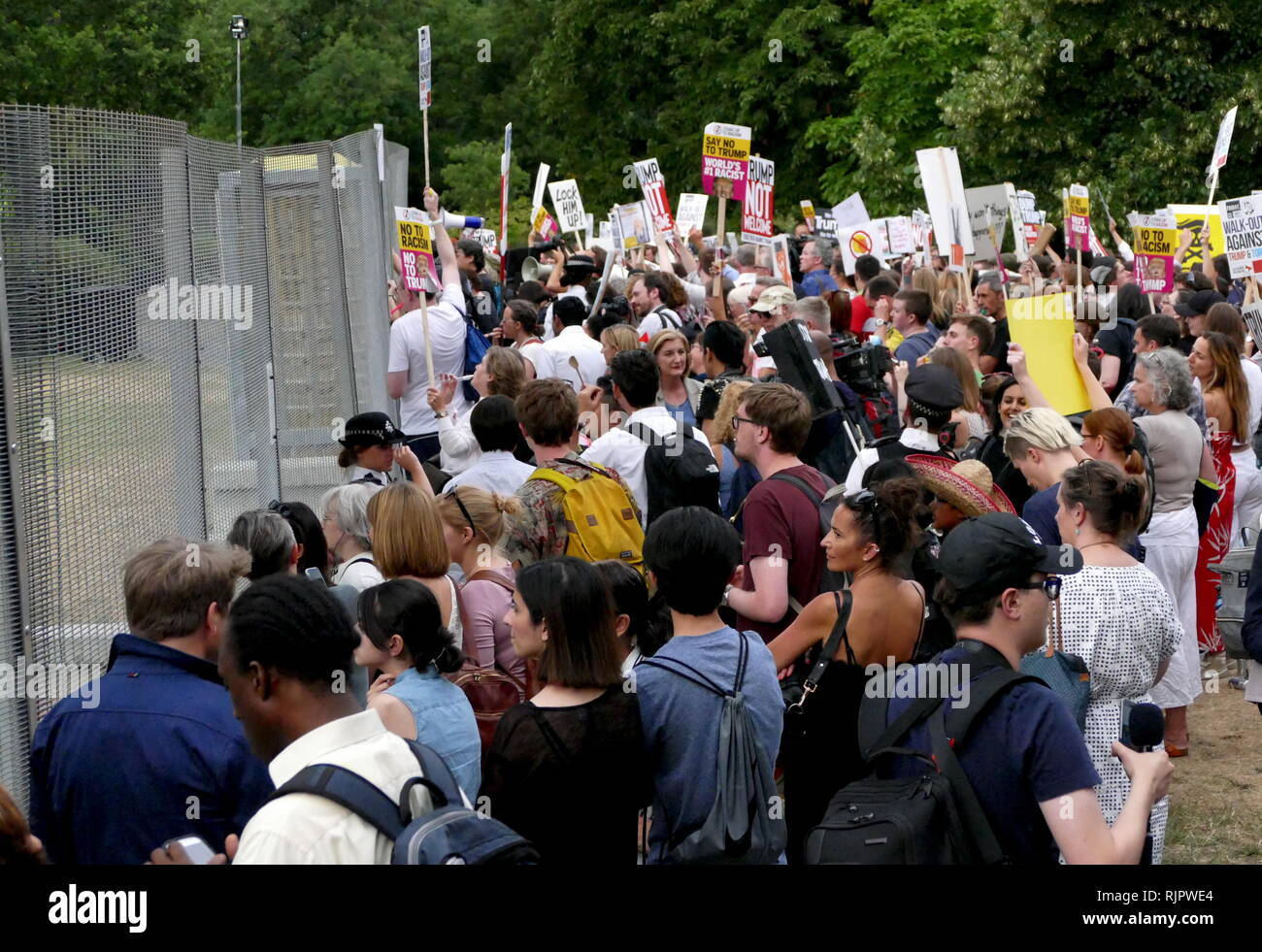 Protest, around the American Ambassador's Residence in London, for the visit to the United Kingdom by President of the United States Donald Trump; July 2018. Stock Photo