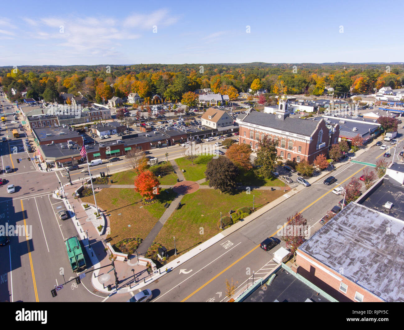 Town Hall and Historic building aerial view in Needham, Massachusetts