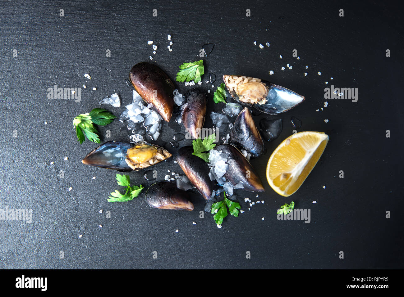 Fresh Mussels seafood isolated on dark vintage background with ice and herbs from top view Stock Photo