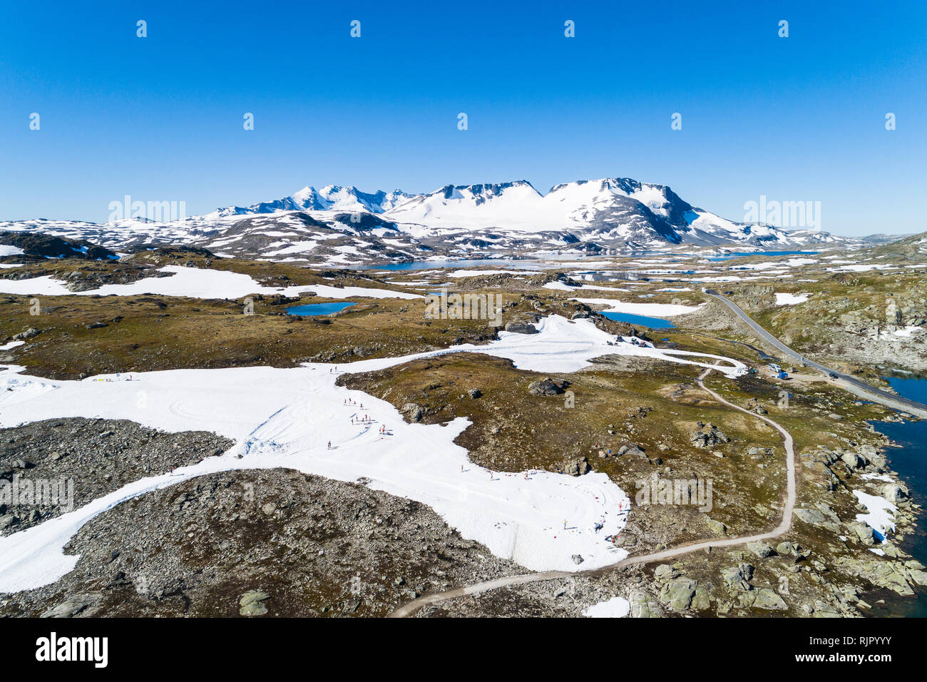 Snow covered mountainous landscape, high level view, Sognefjell, Jotunheimen, Norway, Europe Stock Photo