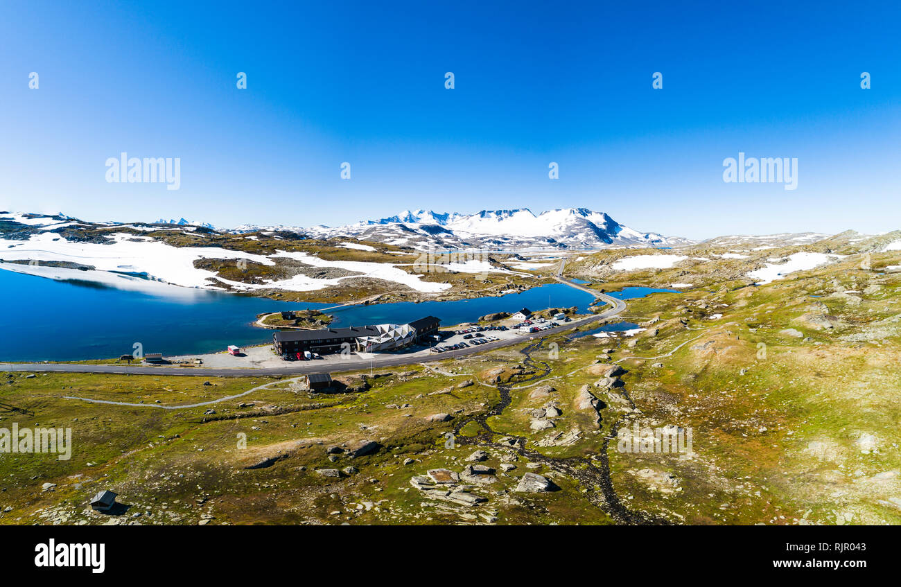 Ski training centre surrounded by lake and mountains, aerial view, Sognefjell, Jotunheimen, Norway, Europe Stock Photo