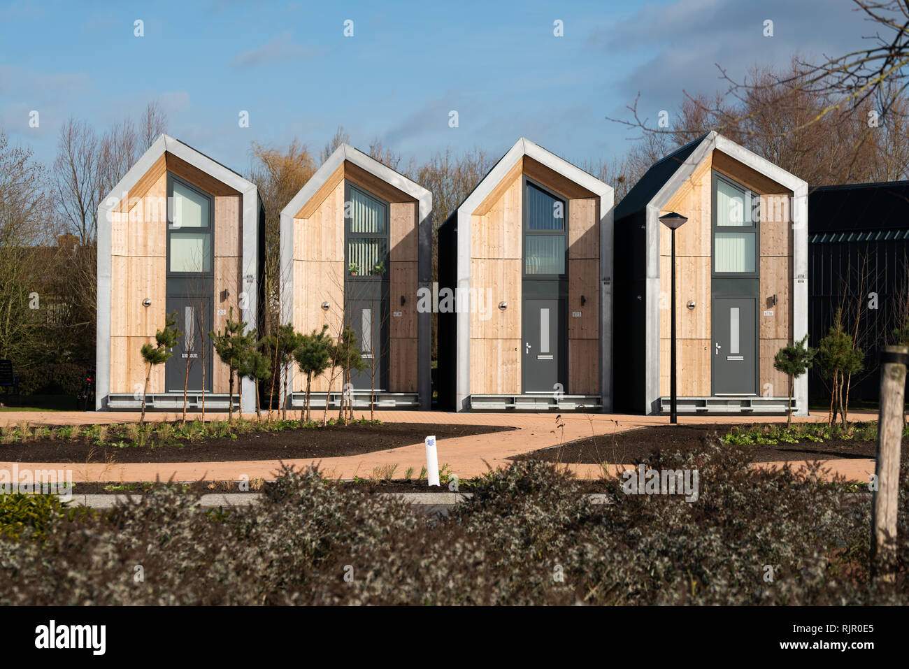 Tiny Houses in Nijkerk, the Netherlands. Together with the housing corporation the construction company made tiny houses for one person household. Stock Photo