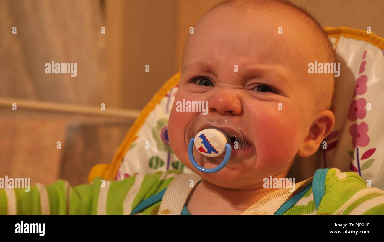 close up portrait of little charismatic baby boy with soother in mouth