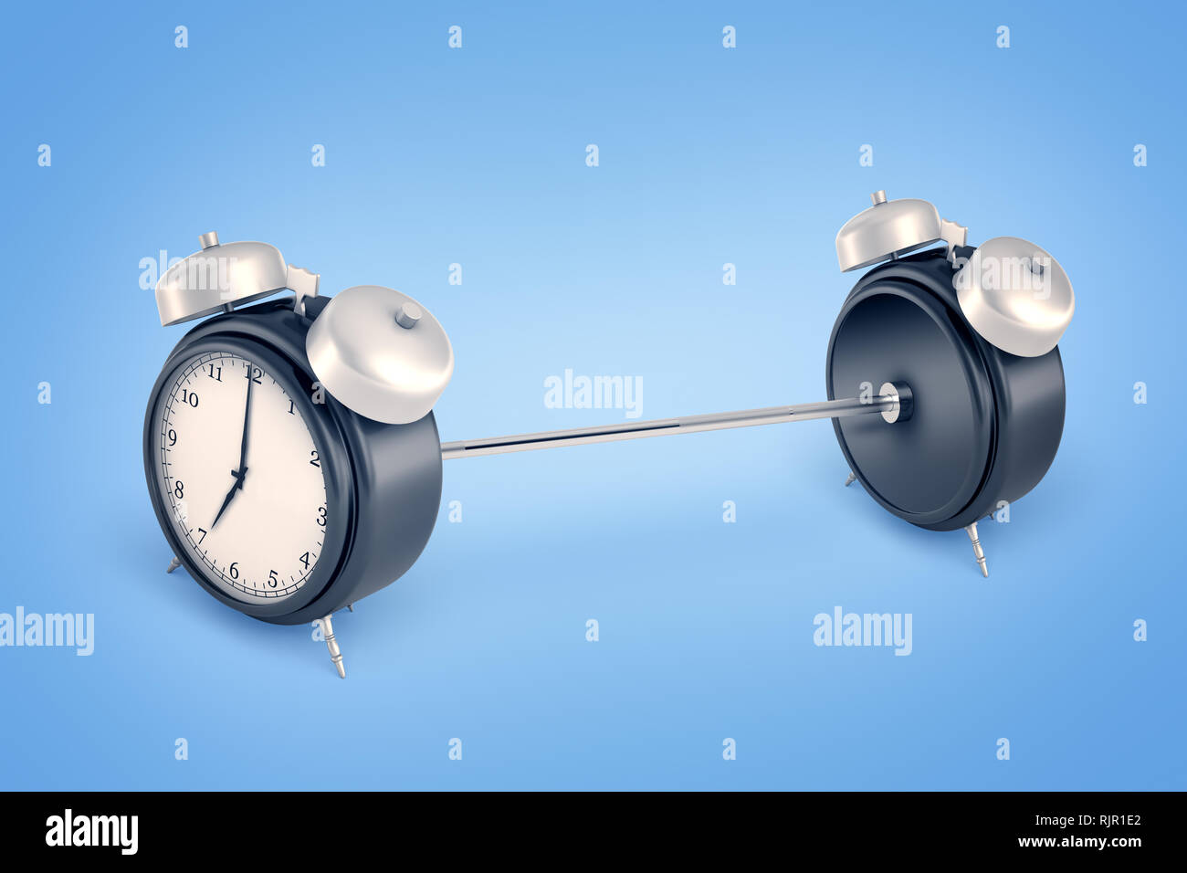 3d rendering of black bar bell with two black metal alarm clocks instead of disk weights. Objects and materials. Sporting goods. Time management. Stock Photo