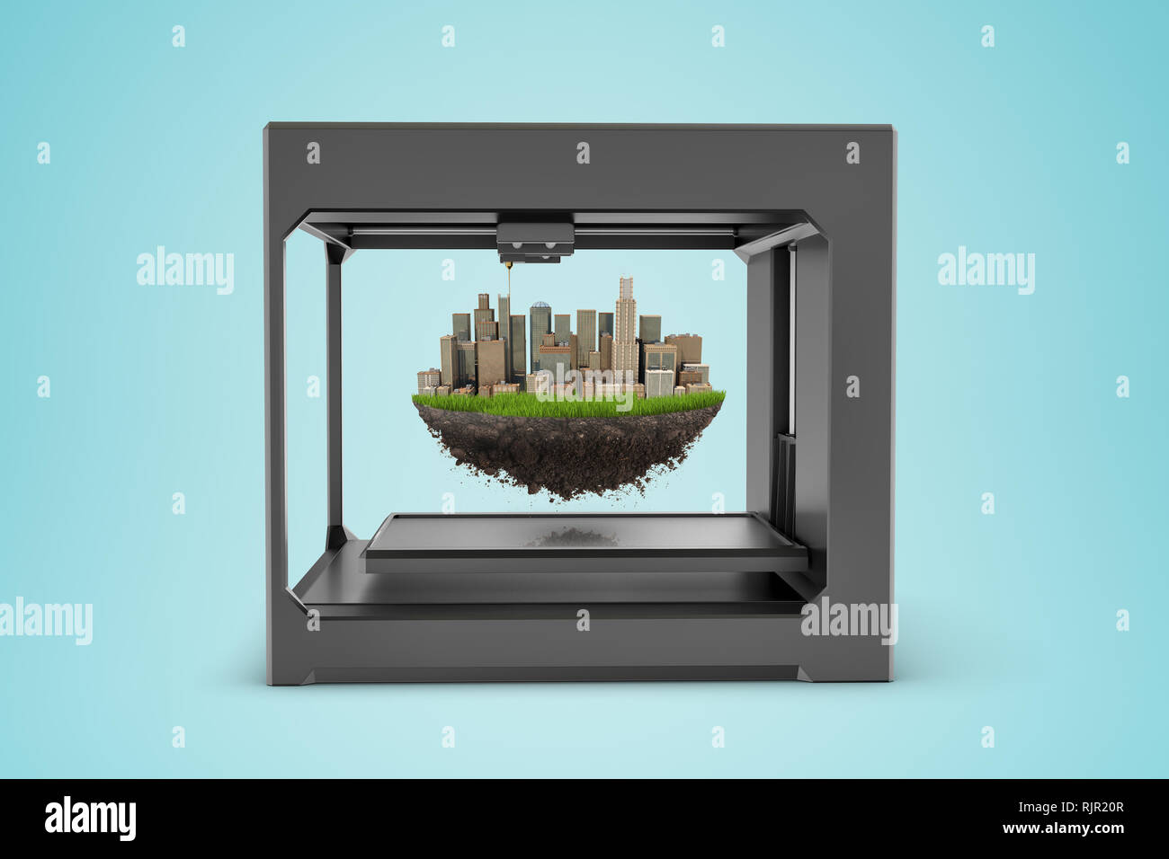 3d rendering of 3d printer with city skyscrapers on piece of earth globe inside on blue