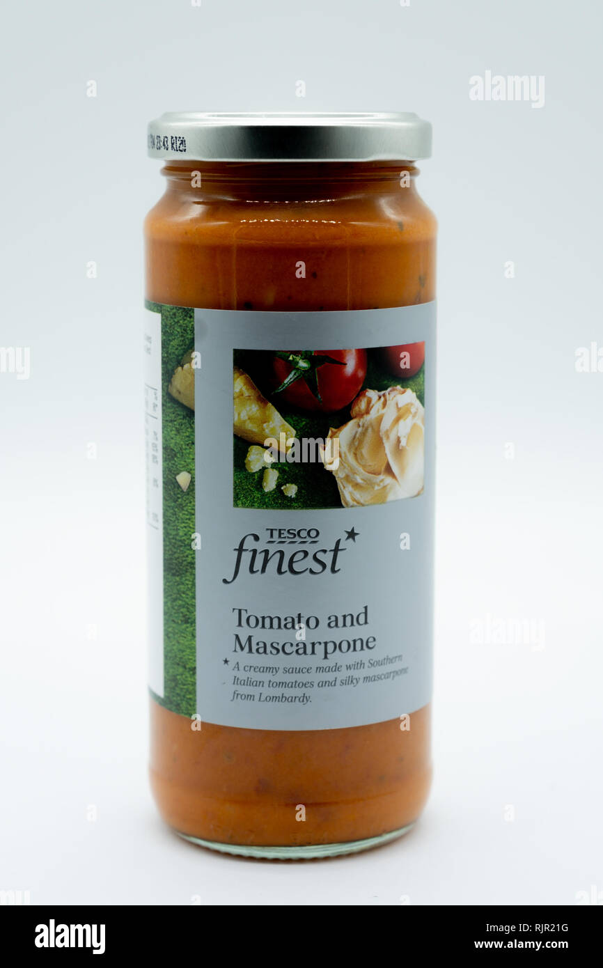 Largs, Scotland, UK February 04, 2019 Bottle of Tesco branded Tomato