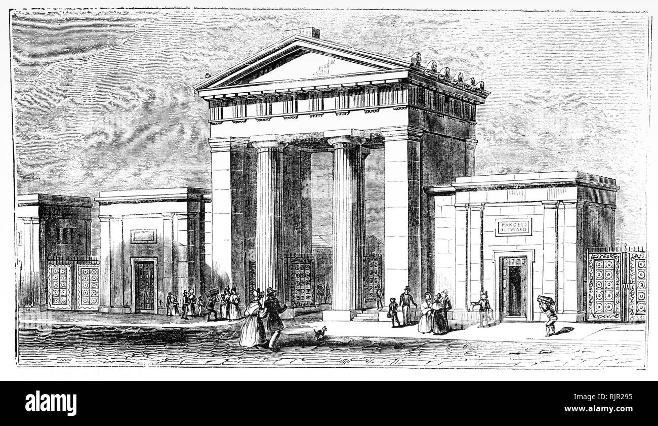 The main entrance portico, known as the Euston Arch designed by Philip Hardwick  was designed to symbolise the arrival of a major new transport system as well as being seen as 'the gateway to the north' and was completed in May 1838. The distinctive arch marked the entrance to Euston railway station, the first intercity railway terminal in London, planned by George and Robert Stephenson, and opened as the terminus of the London and Birmingham Railway (L&BR). Stock Photo