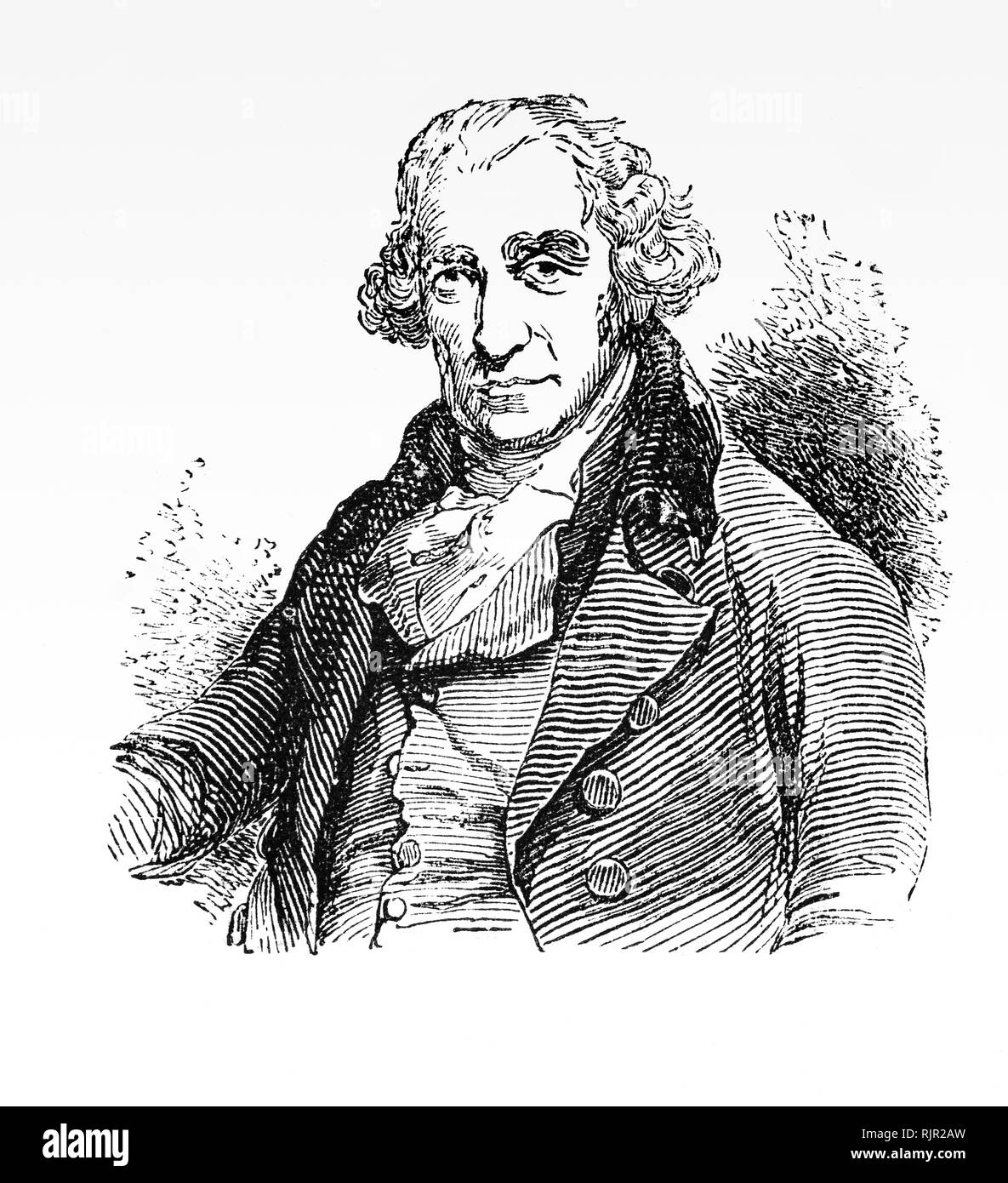 James Watt (1736-1819) was a Scottish inventor, mechanical engineer, and chemist who improved on Thomas Newcomen's 1712 Newcomen steam engine with his Watt steam engine in 1776, which was fundamental to the changes brought by the Industrial Revolution in both his native Great Britain and the rest of the world. His improvements to the steam engine 'converted it from a prime mover of marginal efficiency into the mechanical workhorse of the Industrial Revolution'. Stock Photo
