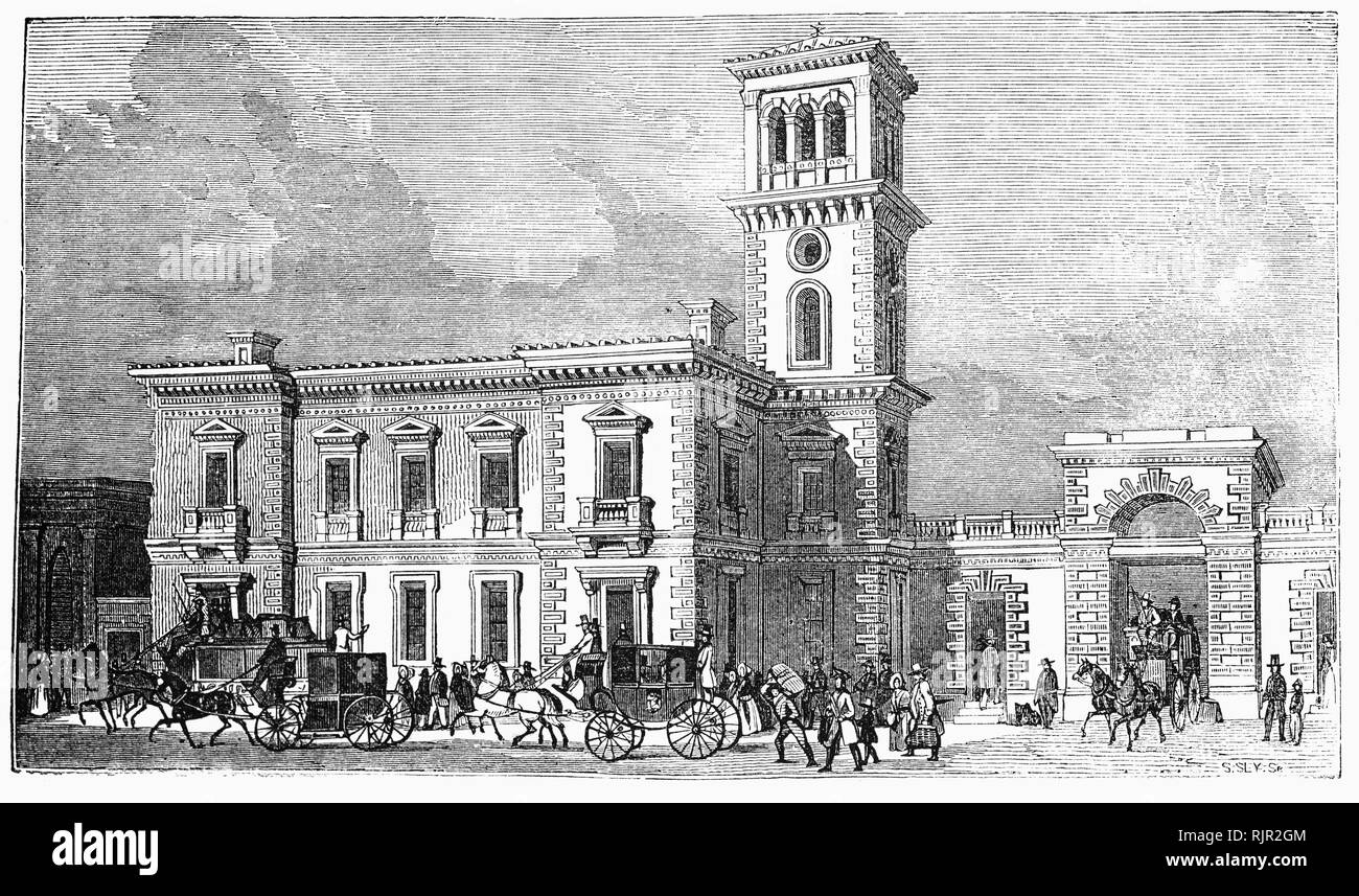 Uncompleted design for a new station quasi-Italianate building with a picturesque campanile at London Bridge were drawn up, designed jointly by Lewis Cubitt, John Urpeth Rastrick and Henry Roberts. The main line station is the oldest railway station in London and one of the oldest in the world having opened in 1836. Opened by the London and Greenwich Railway as a local service, it subsequently served the London and Croydon Railway, the London and Brighton Railway and the South Eastern Railway, thus becoming an important London terminus. Stock Photo