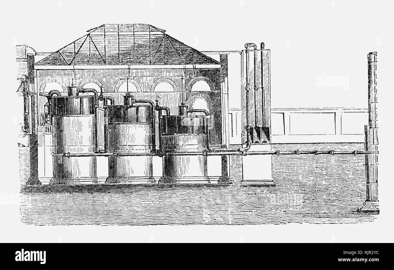 The basic process for making gas from coal used in the early 19th century remained essentially unchanged right through until the last coal gas works closed in the 1970s. Coal in a closed tube called a retort was heated in a furnace. The gasses given off – mainly hydrogen and carbon monoxide – passed through a water trap (“hydraulic main”) and were then cooled in a condenser, (illustrated)  where tar and some other liquids were removed. Stock Photo