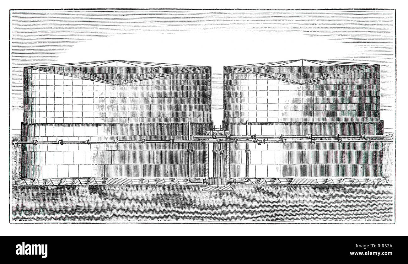 The basic process for making gas from coal used in the early 19th century remained essentially unchanged right through until the last coal gas works closed in the 1970s. Coal in a closed tube called a retort was heated in a furnace. The gasses given off – mainly hydrogen and carbon monoxide – passed through a water trap (“hydraulic main”) and were then cooled in a condenser, where tar and some other liquids were removed. The gas then passed through a purifier to remove sulphur compounds and other impurities before being used or stored. When it was realised that it would be more efficient to ma Stock Photo