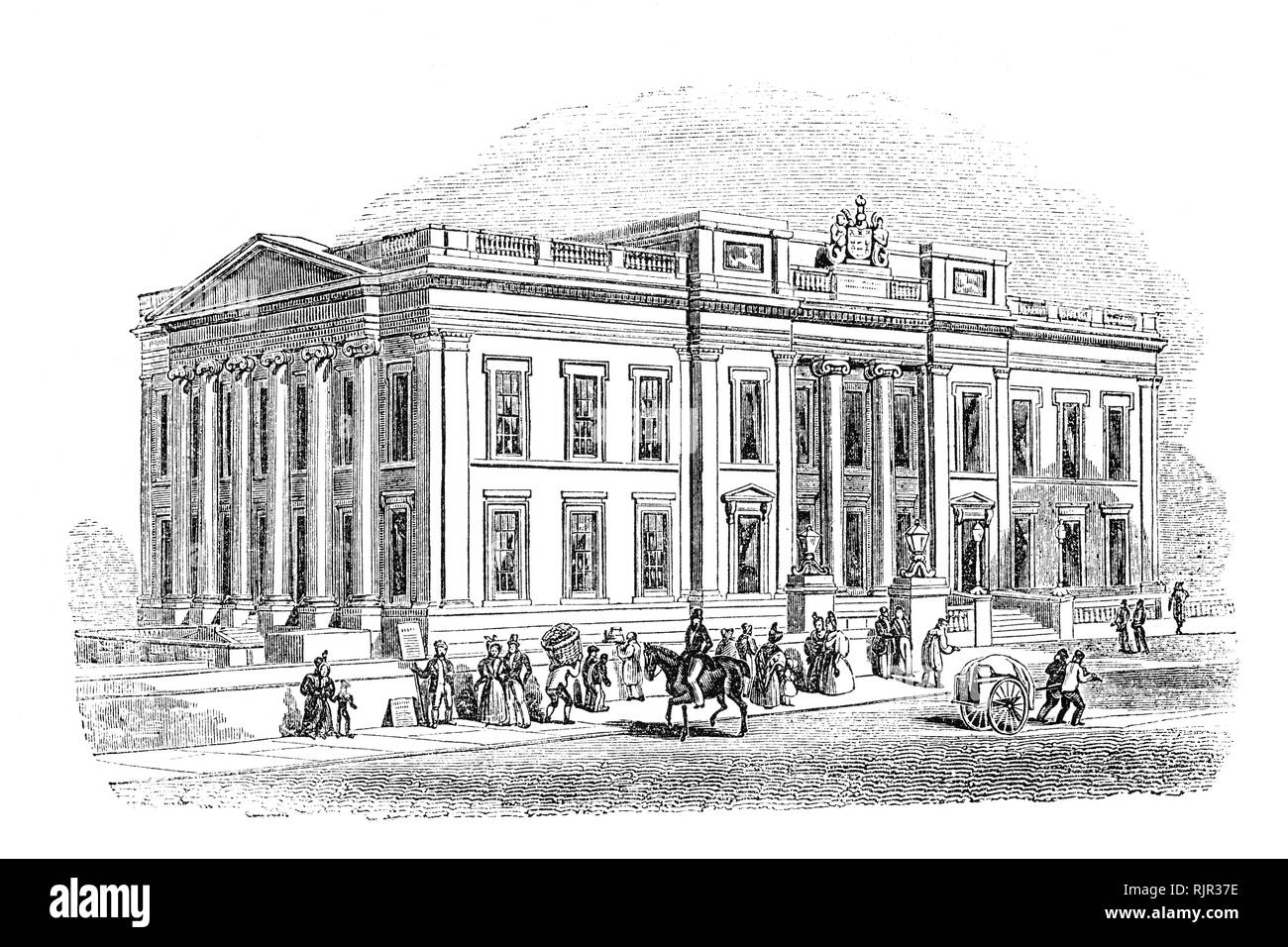 Headquarters of the Worshipful Company of Fishmongers, one of the livery companies of the City of London, known as Fishmongers' Hall aka Fish Hall. The earliest recorded hall was built in 1310; a new hall was destroyed in the Great Fire of London in 1666. A replacement hall designed by the architect Edward Jerman opened in 1671, but was demolished to facilitate the construction of the new London Bridge in 1827. The new Fishmongers' was designed by Henry Roberts and opened in 1834. Stock Photo