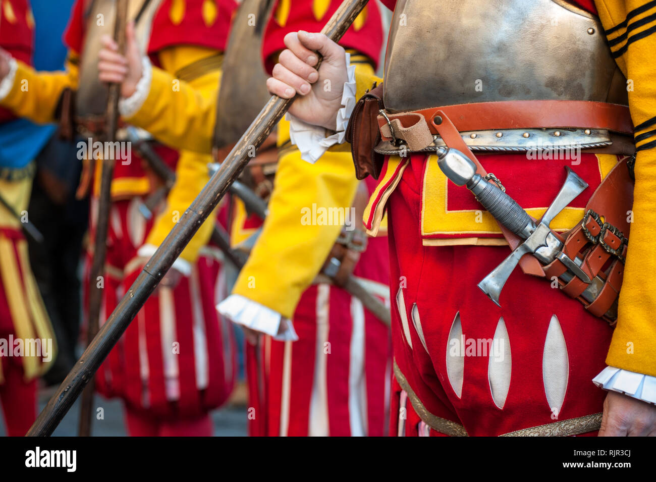 The medieval soldiers in uniform, during an historical reenactment in Florence. Stock Photo