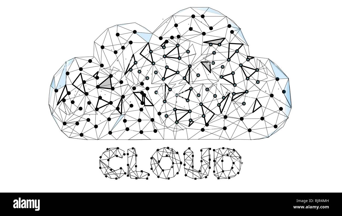 Cloud Technology. Cloud Computing, Big Data or Cloud Computing Concept. Abstract Digital Background. Wireframe Cloud Storage Sign on Dark Blue Stock Vector