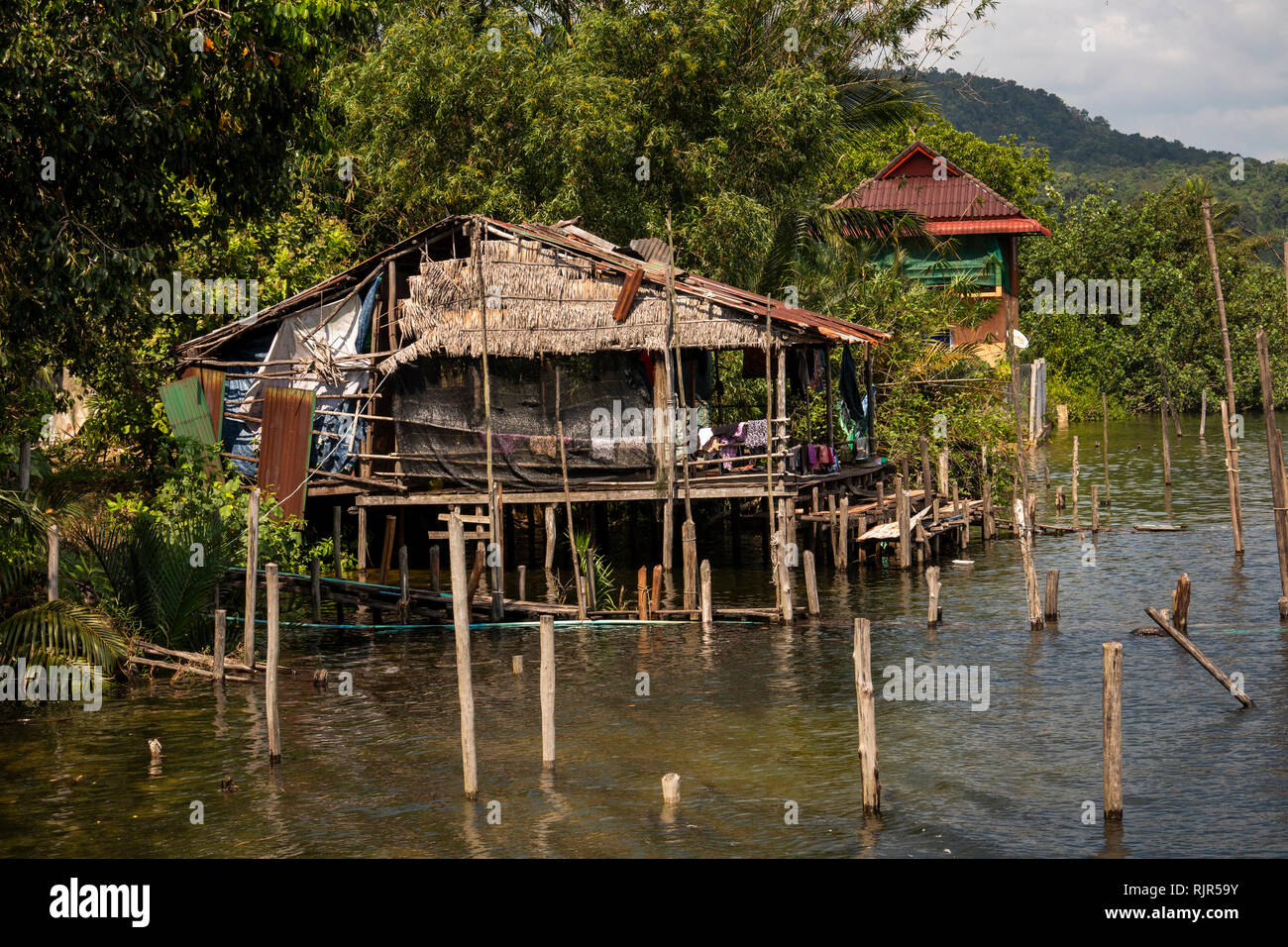 Cm273Cambodia, Koh Kong Province, Tatai River, riverside fishermen’s houses built on stilts Stock Photo