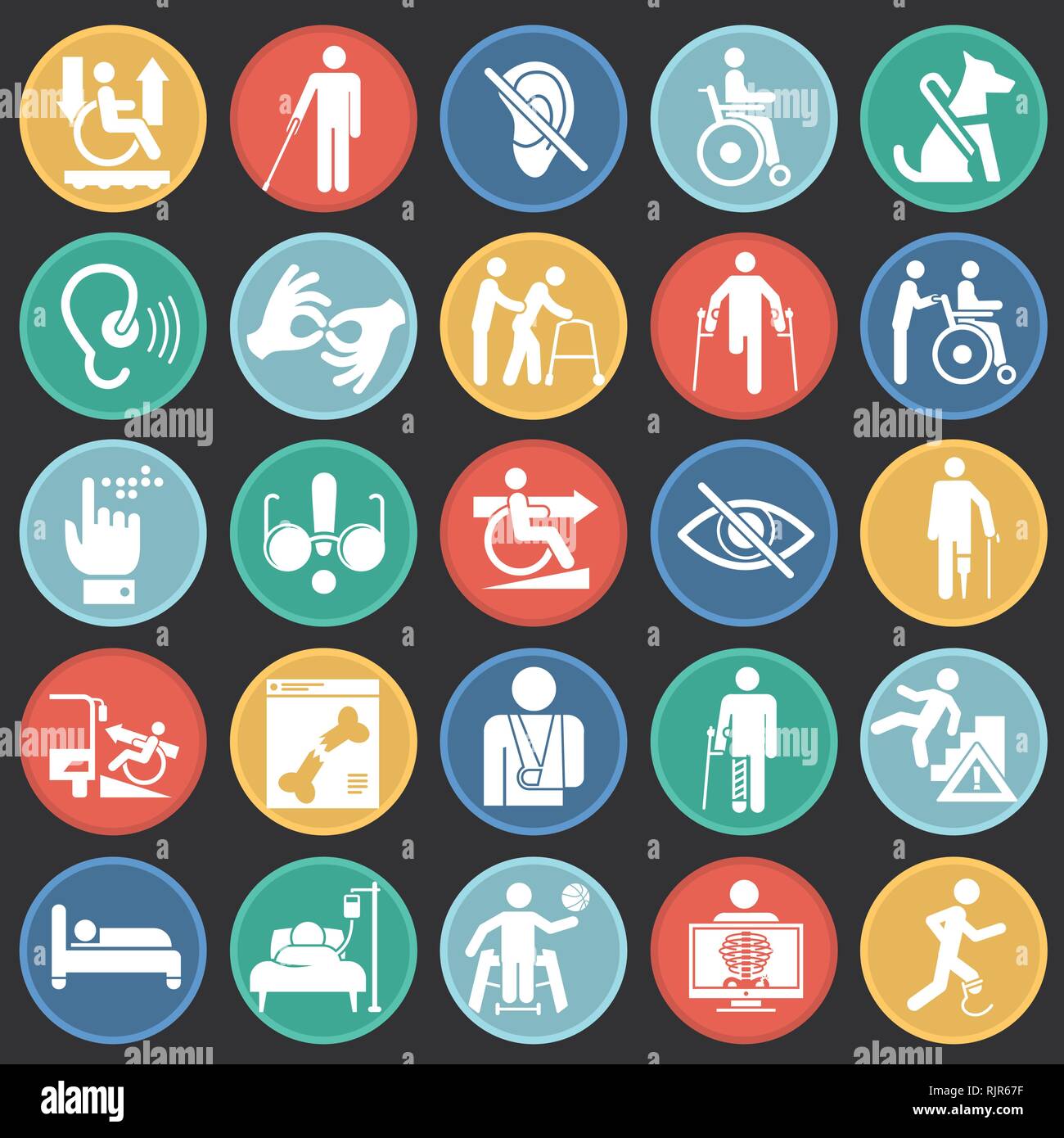 Disability icons set on color circles black background for graphic and
