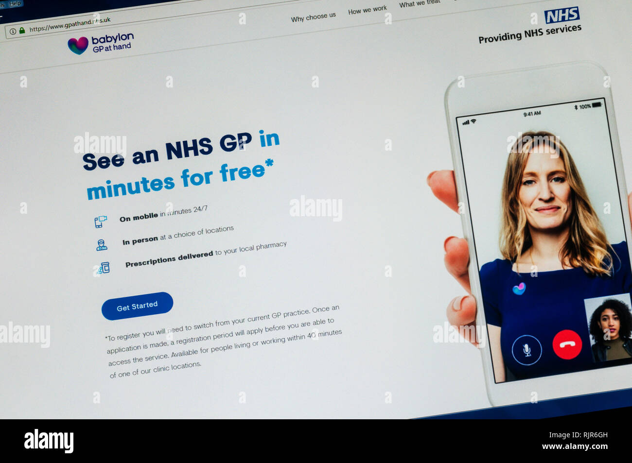 Home page of the website of GP At Hand from Babylon Health which provides online access to a doctor. Stock Photo