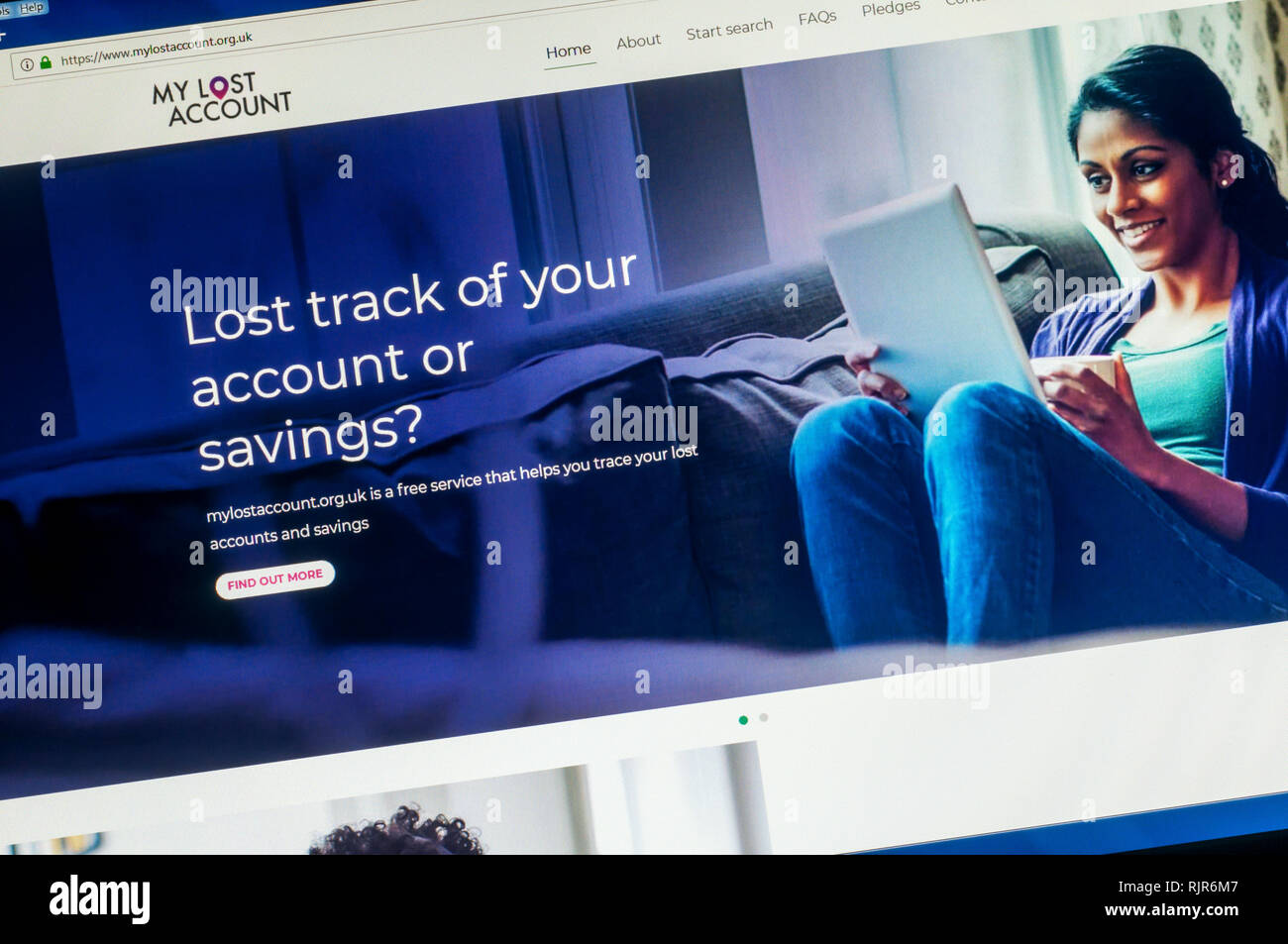 Home page of the website of My Lost Account, a free service to help trace lost bank accounts and savings. Stock Photo
