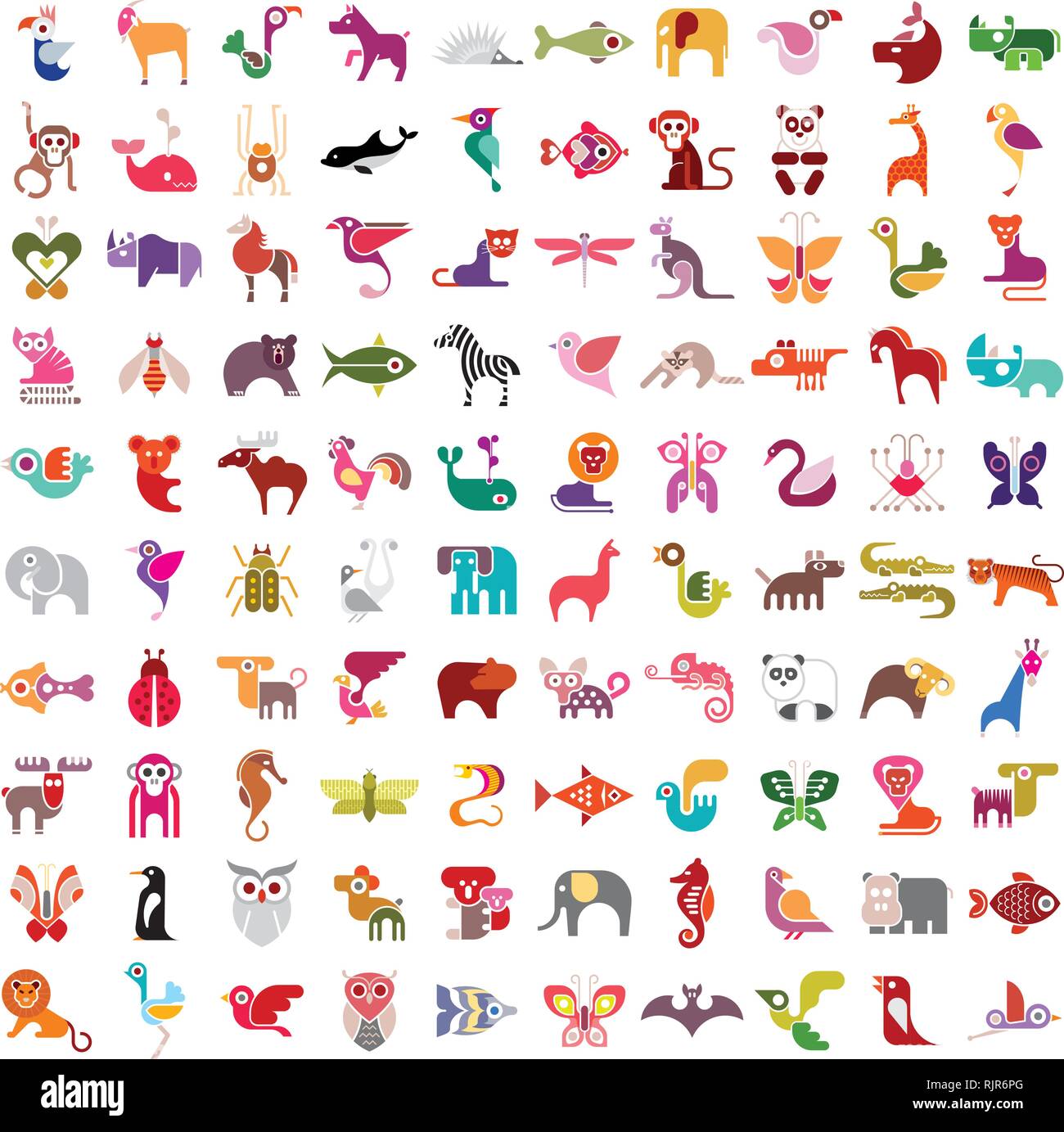 Animals, birds, fishes and insects large vector icon set. Various isolated colorful images on white background. Stock Vector