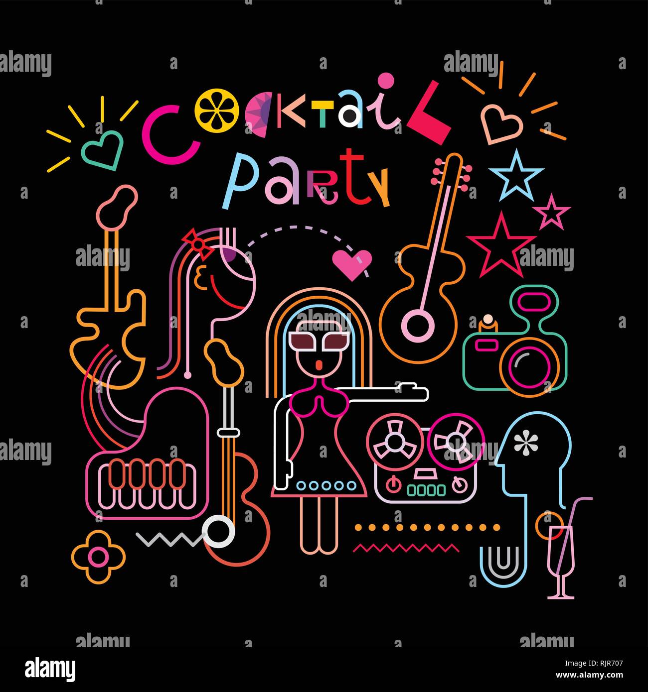 Neon lights graphic design with text "Cocktail Party". Abstract vector composition on black