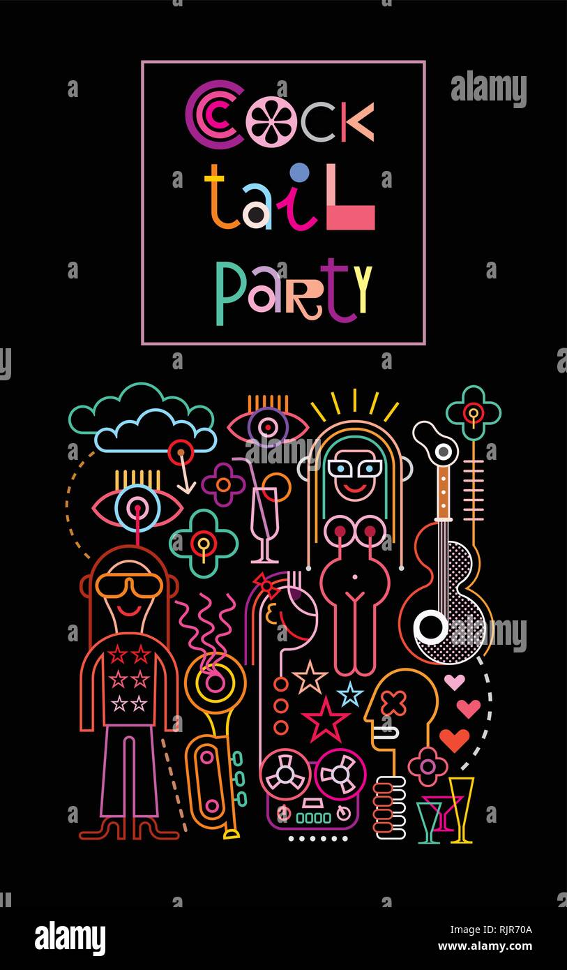 Neon lights graphic design with text 'Cocktail Party'. Abstract vector composition with black background. Stock Vector