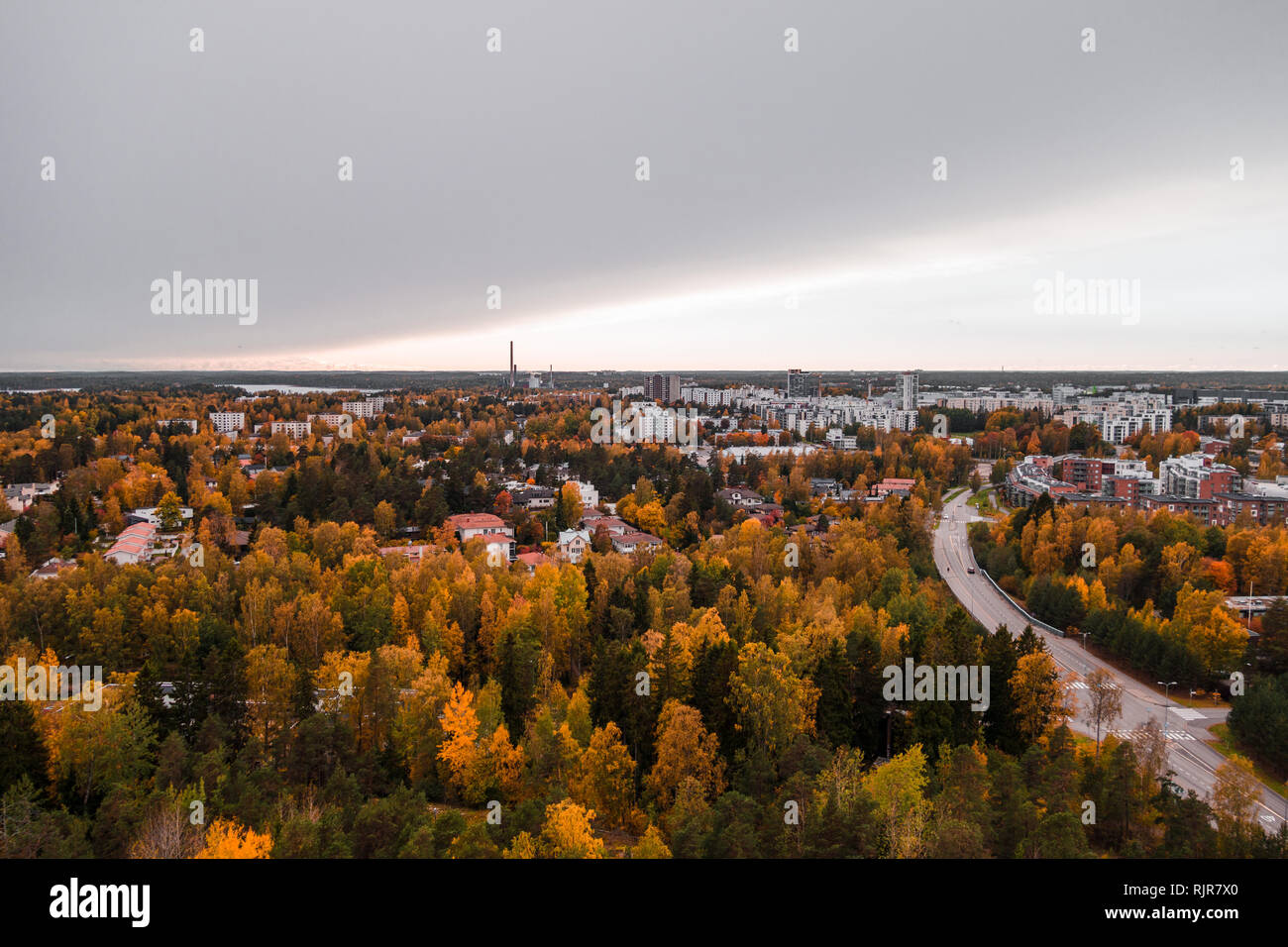 Wide urban view of Matinkylä in the autumn with color full trees and