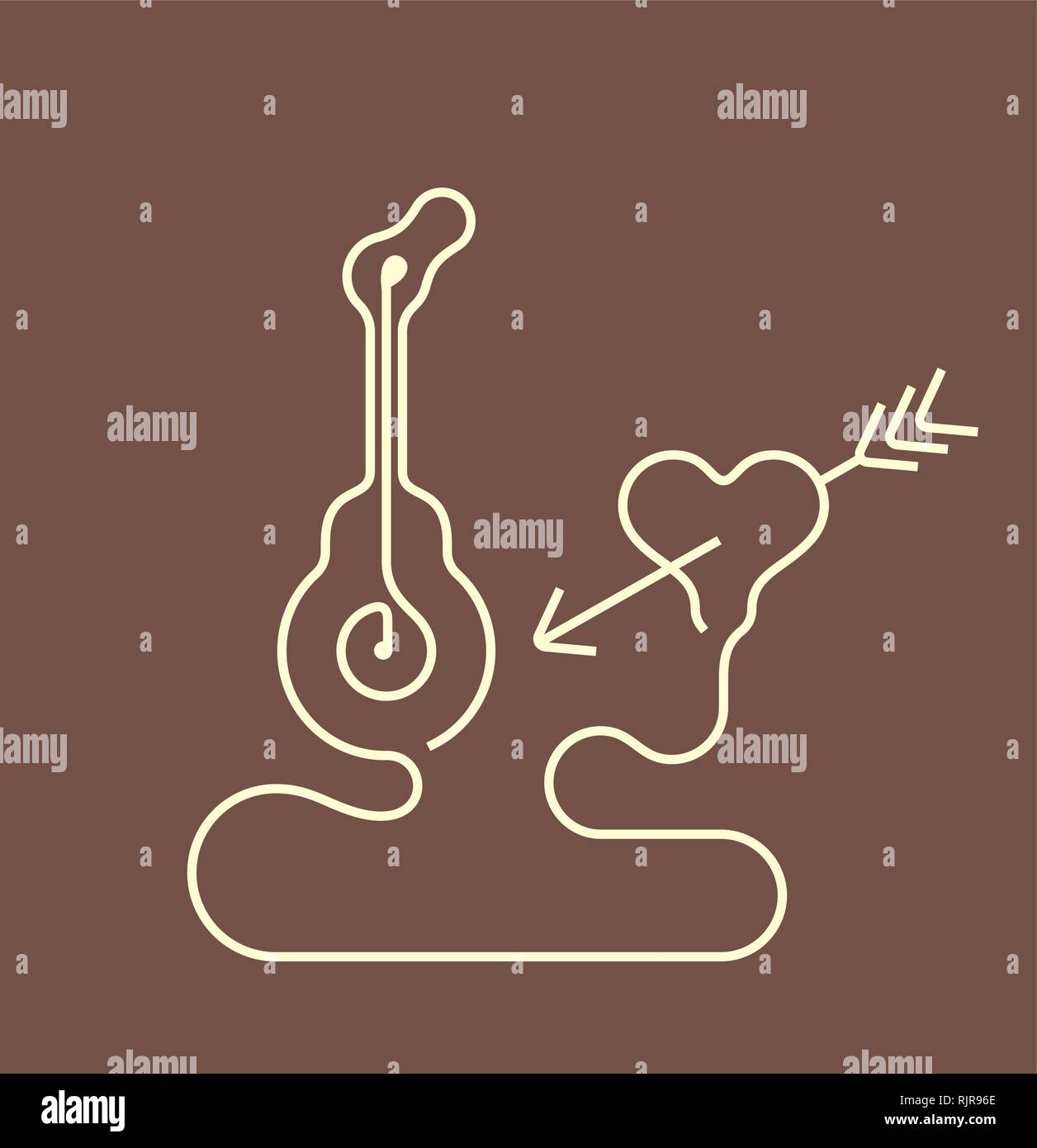 Guitar and Heart with arrow - line work vector illustration on brown. Stock Vector