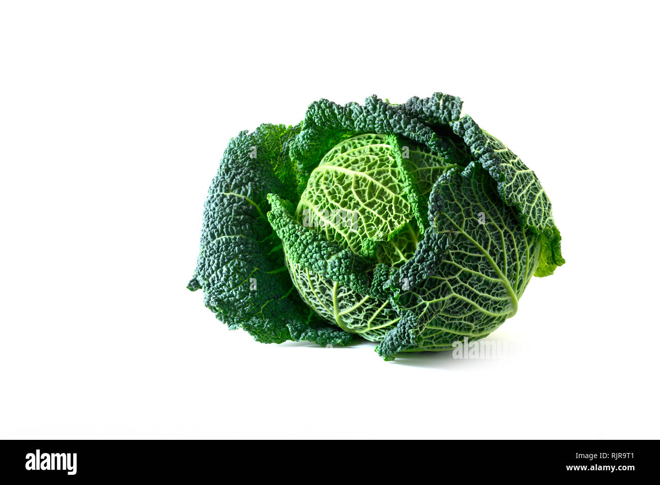 green savoy cabbage, a healthy winter vegetable, whole head isolated on a white background, selected focus Stock Photo