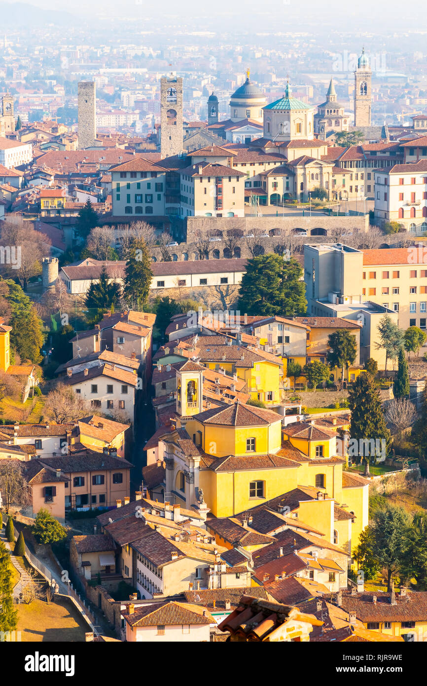 Landmarks of Italy beautiful medieval town Bergamo, Citta Alta from