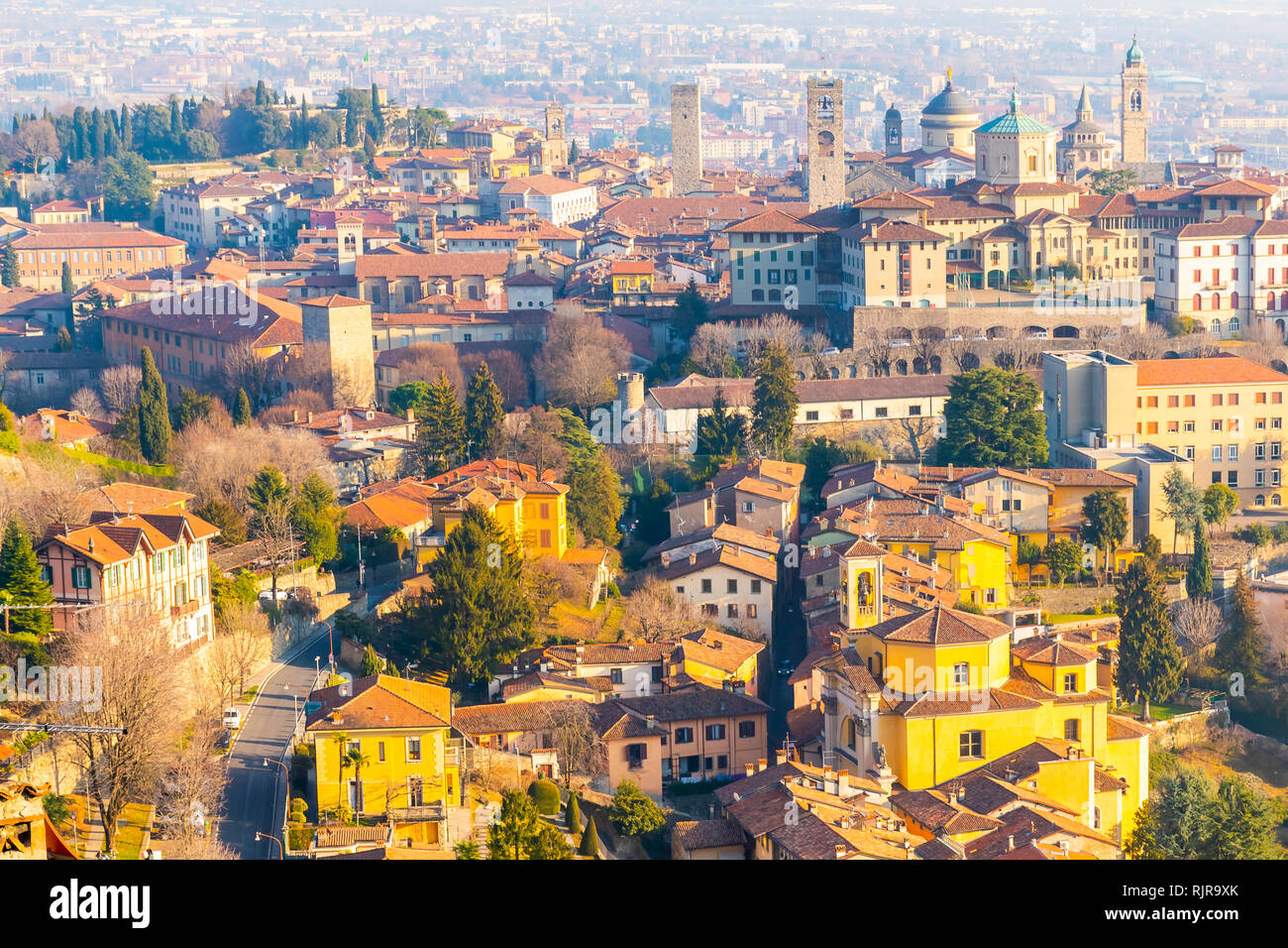 Landmarks of Italy beautiful medieval town Bergamo, Citta Alta from