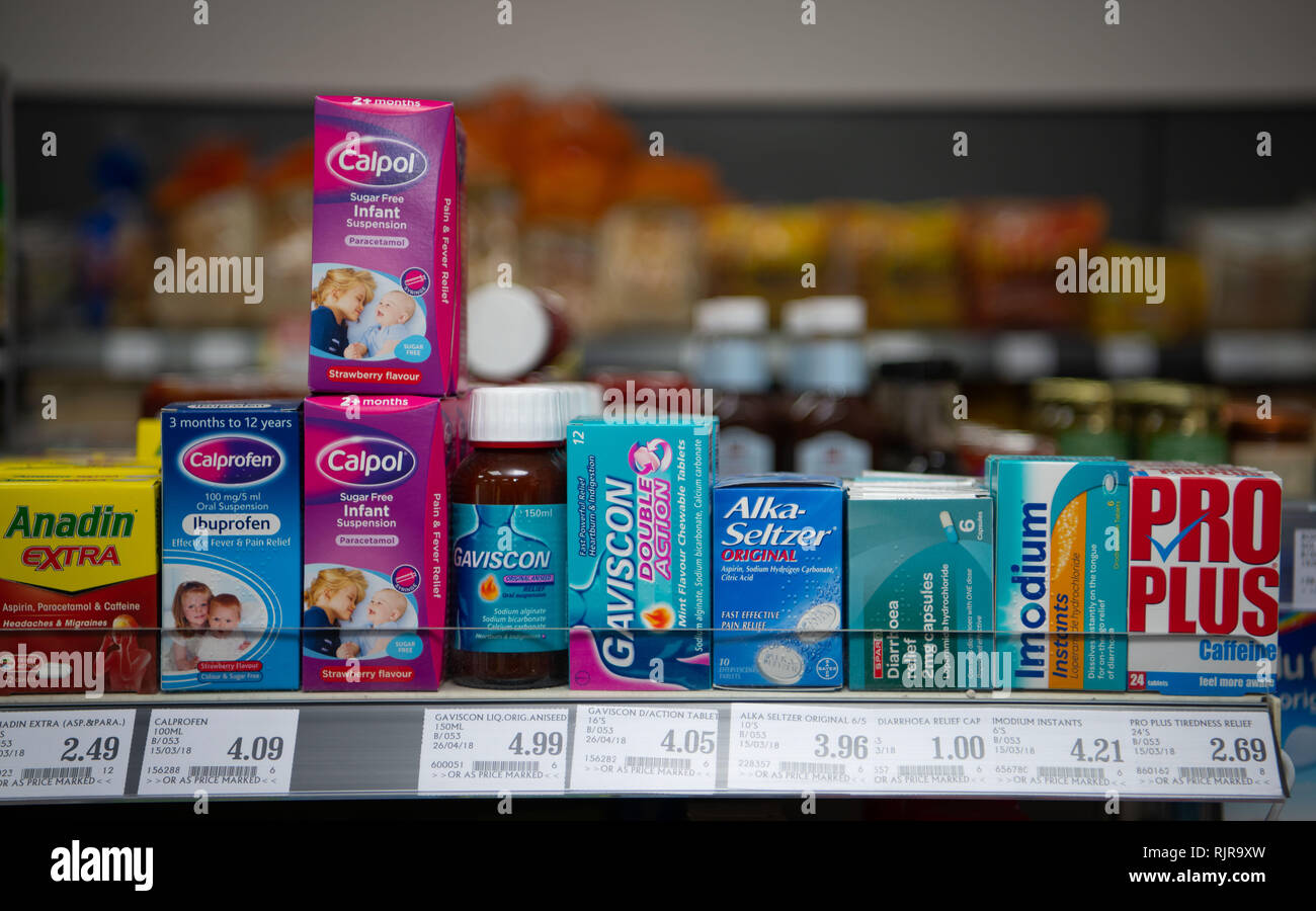 Over the counter medication on sale at a pharmacy/chemist store in the UK. Stock Photo