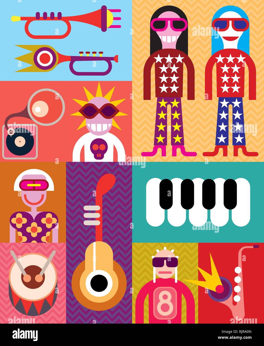 Music collage vector illustration with people and musical instruments