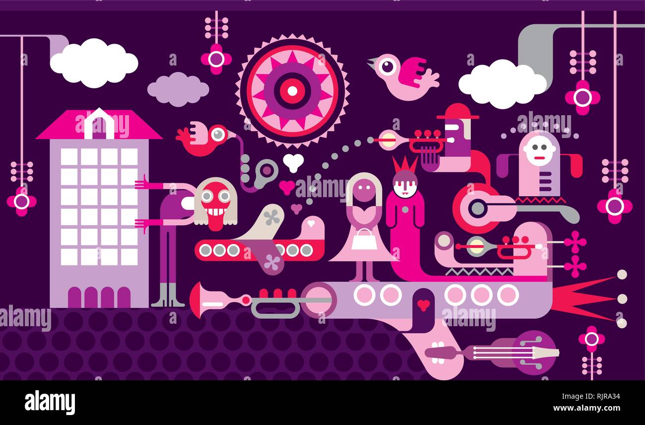 Night wedding ceremony - vector illustration on dark violet background. Stock Vector