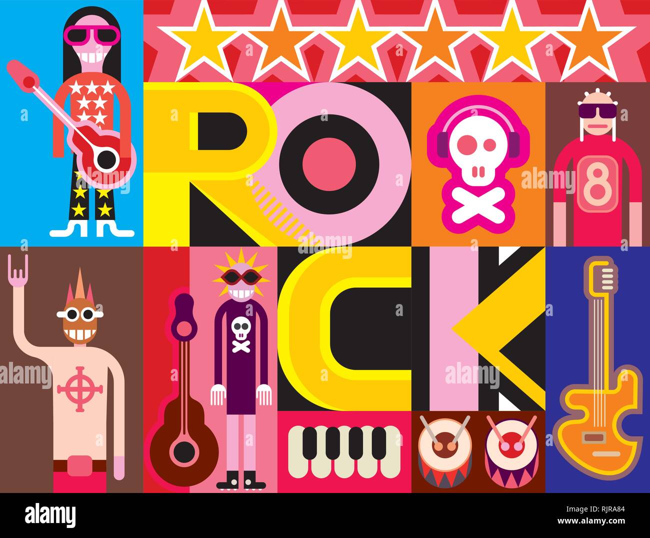 Rock and Roll. Musical collage pop art vector illustration with people, musical instruments and inscription "Rock Stock Vector Image & Art - Alamy
