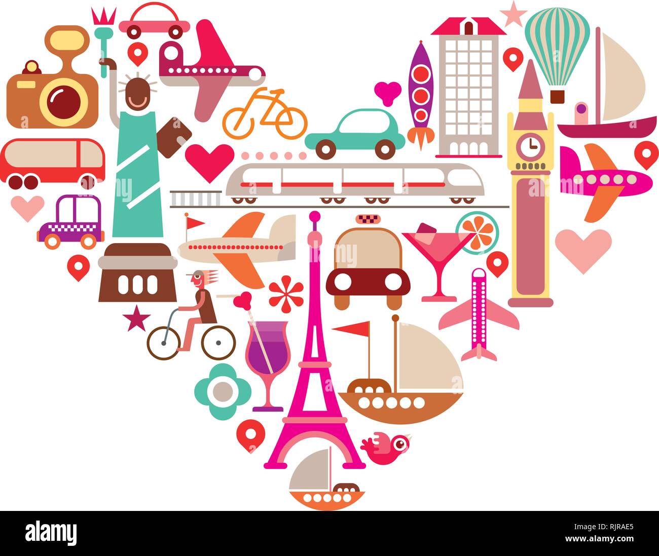 Travel Love - shape of heart with many isolated vector icons. Stock Vector