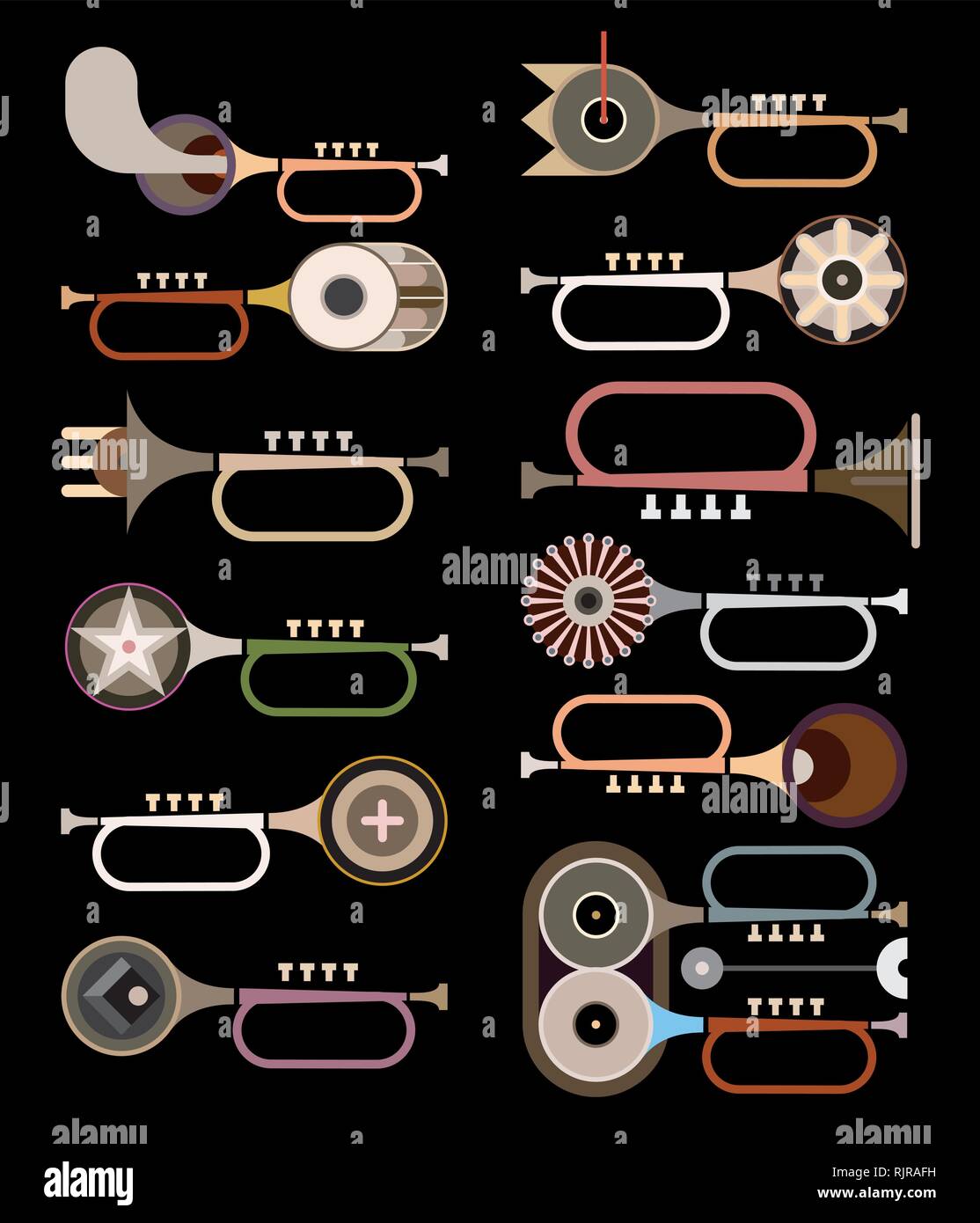 Trumpets abstract vector icons on black background. Collection of