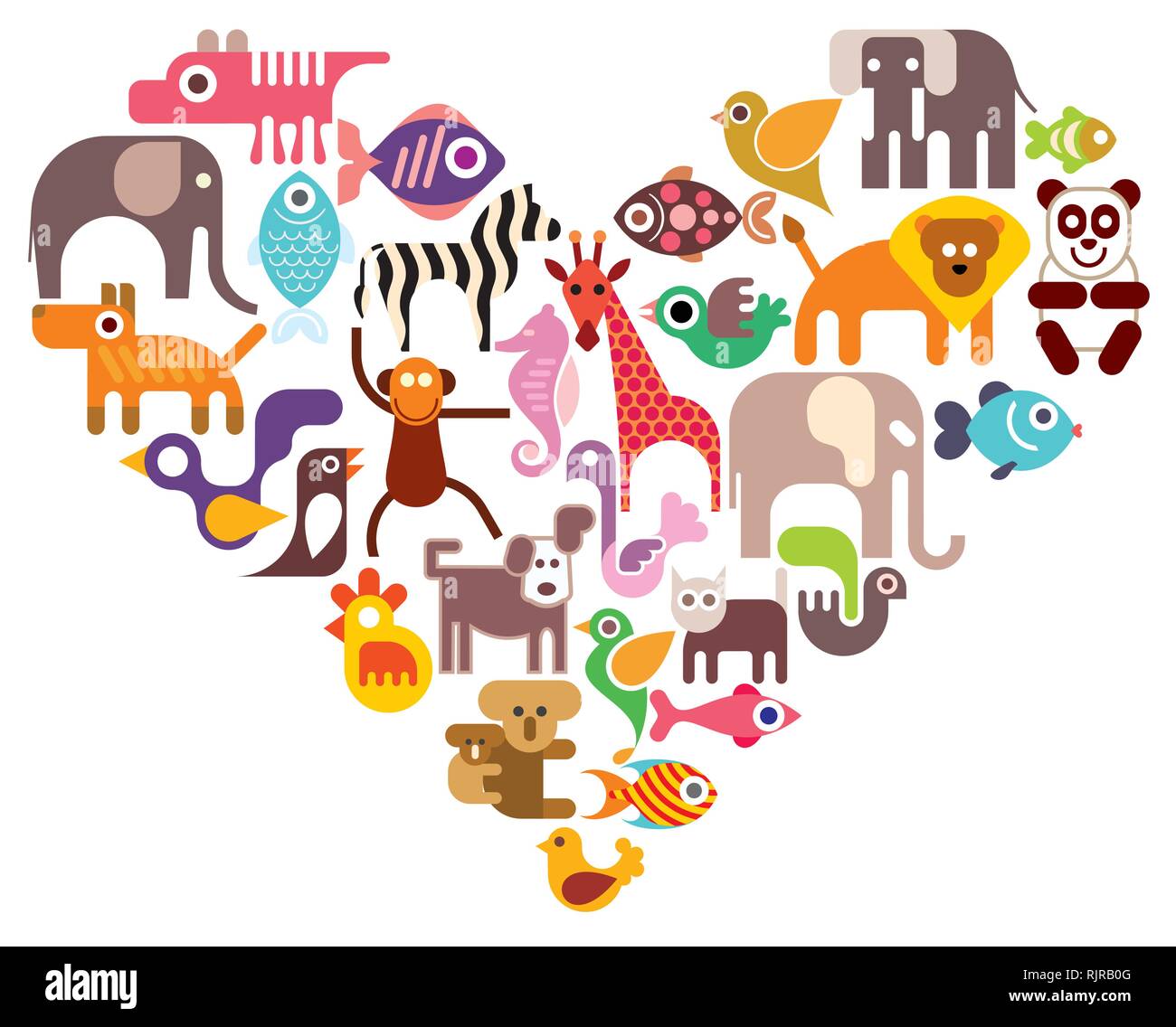Heart with animal vector icons. Isolated color illustration on white background. Stock Vector