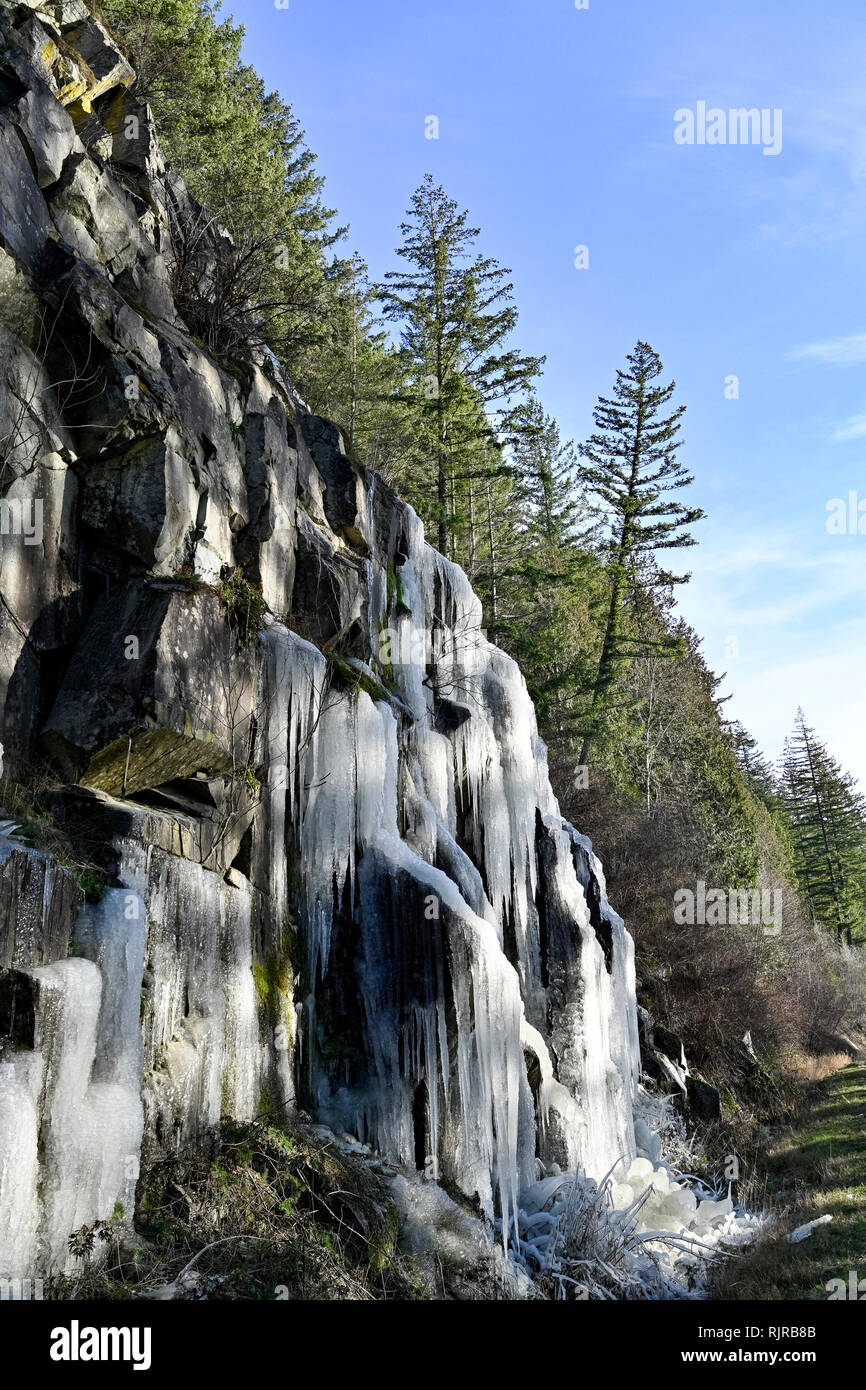 Icicles on cliff, Harrison Mills, British Columbia, Canada Stock Photo