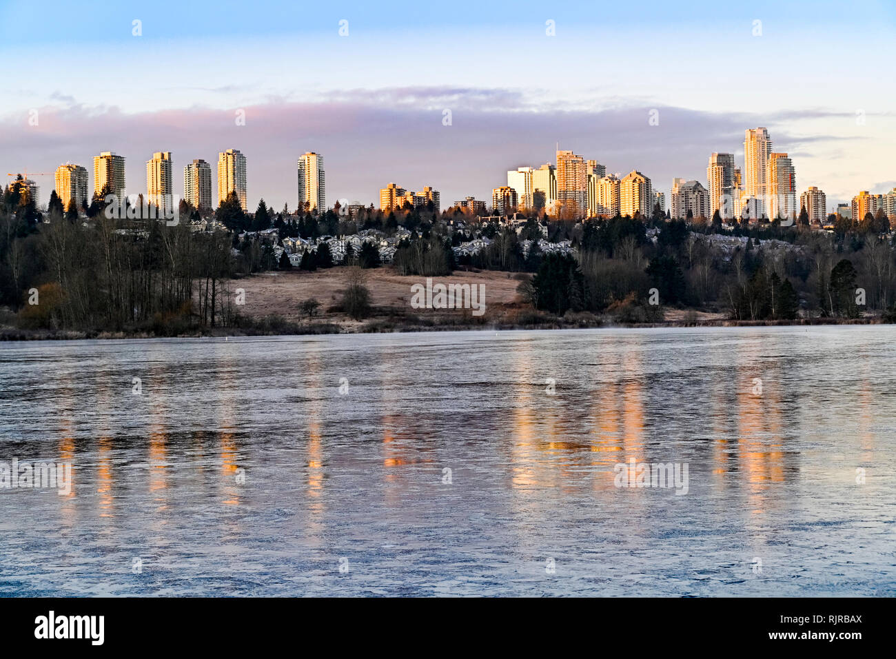 Metrotown high rise buildings and Deer Lake Park, Burnaby, British