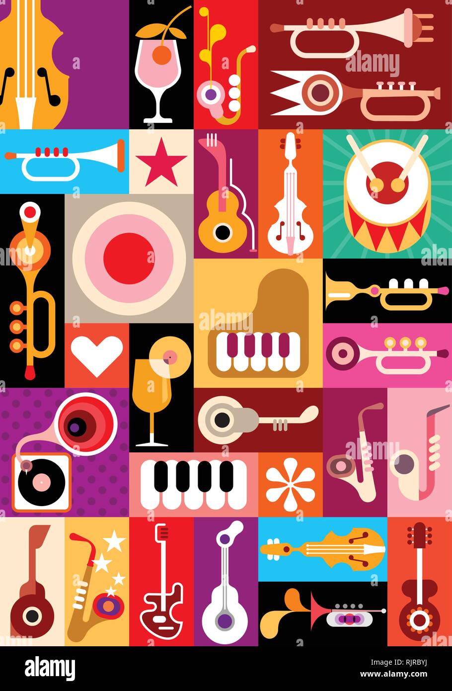 Music and Cocktail party vector illustration. Patchwork seamless wallpaper Stock Vector Image
