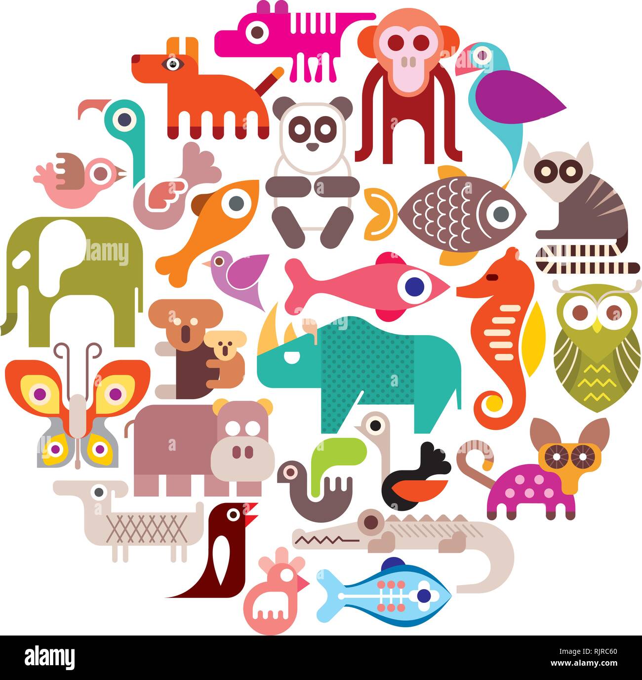 Animals, Birds and Fishes - round vector illustration. Isolated color icons on white background. Stock Vector