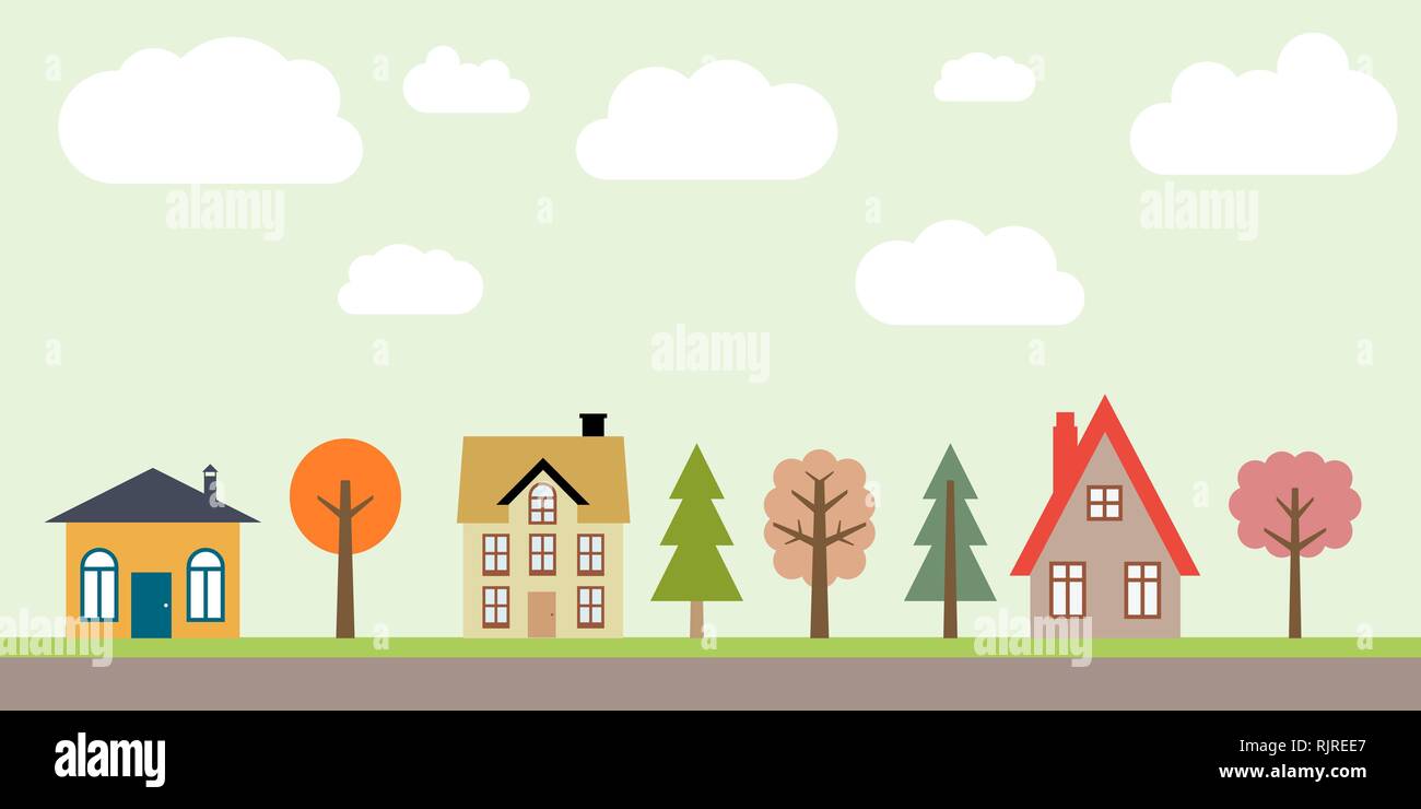 Small town life cute village vector illustration. Residential suburb