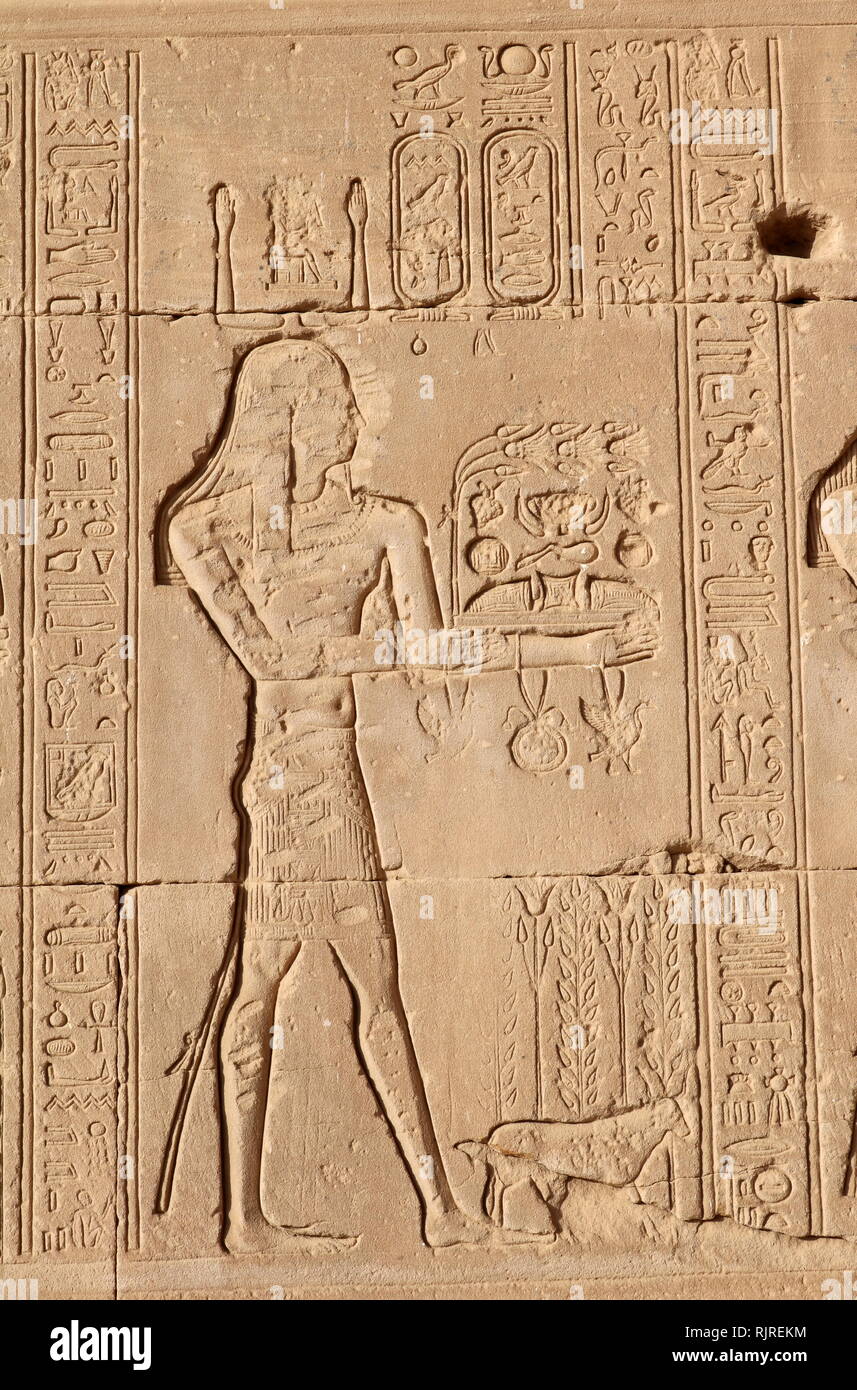 Egyptian Pharaoh makes an offering. From a relief at the Temple of Hathor, Dendera Egypt Stock Photo