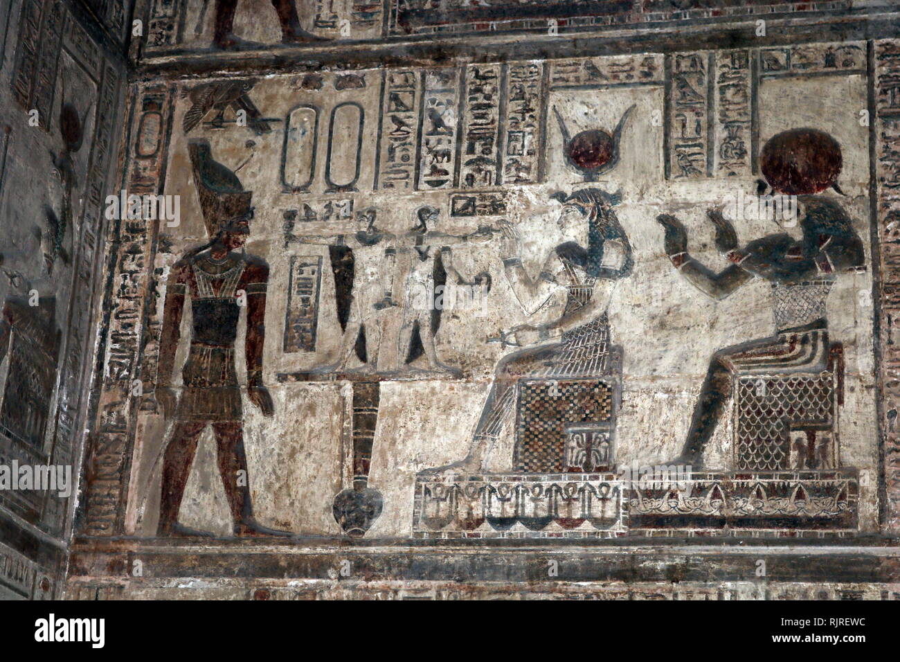 King in front of Hathor and Horus; relief at the Temple of Hathor, Dendera, Egypt Stock Photo