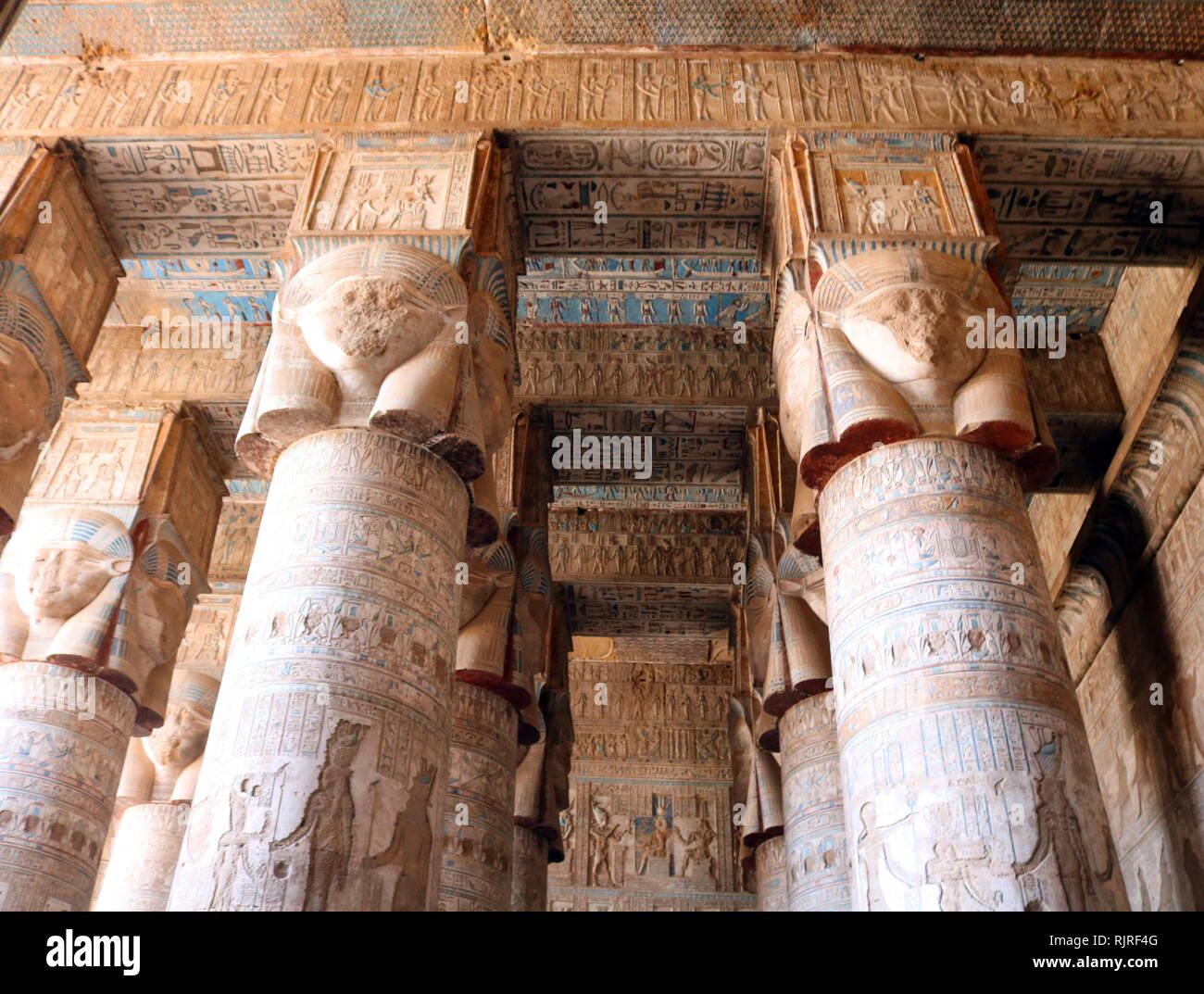 the first hypostyle hall, at the Temple of Hathor, Dendera, Egypt Stock Photo