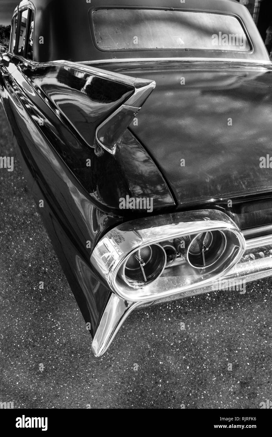 Rear details from an american classic car in black and white Stock