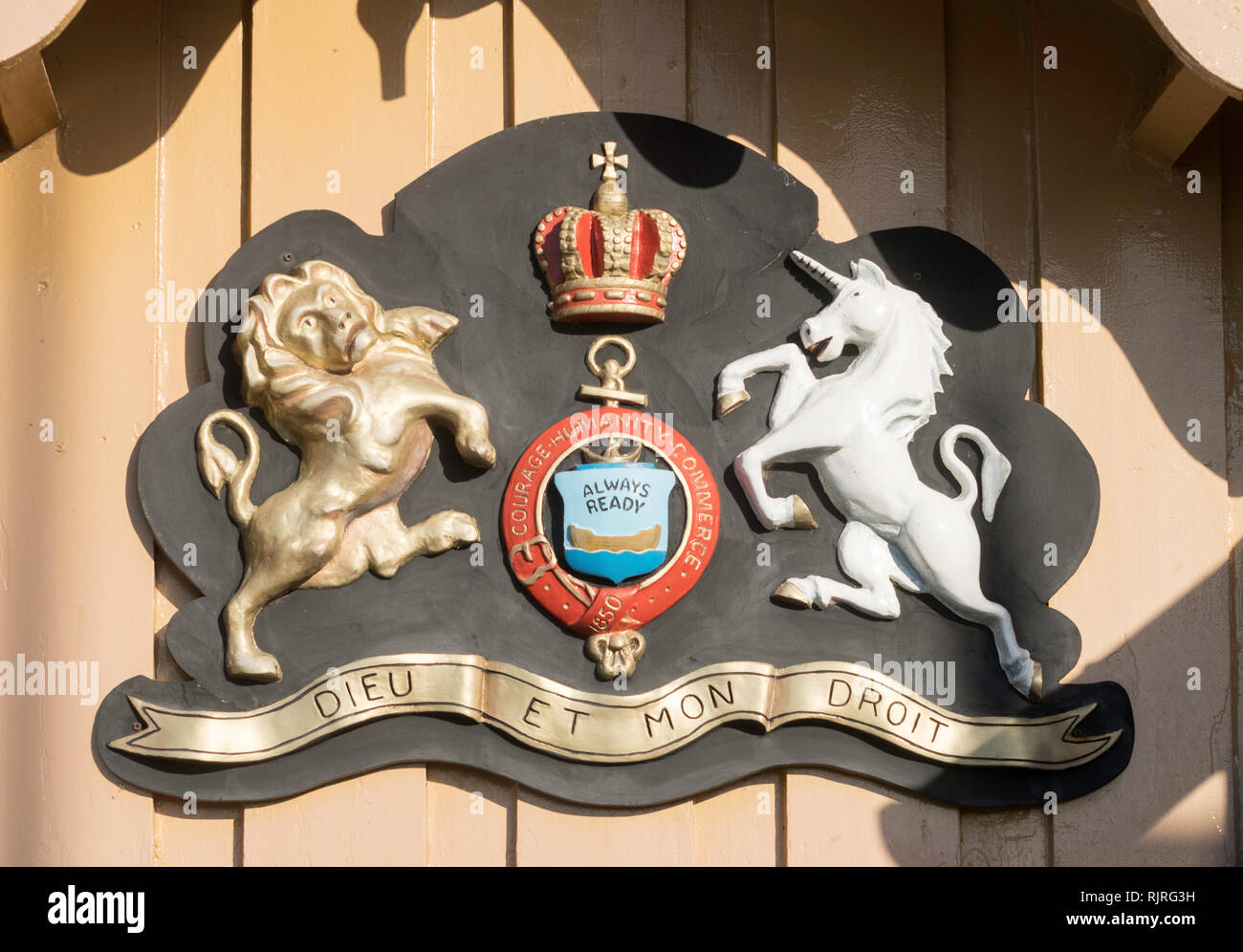 Coat of arms of the Volunteer Life Brigade on their South Shields watch house, north east England, UK Stock Photo