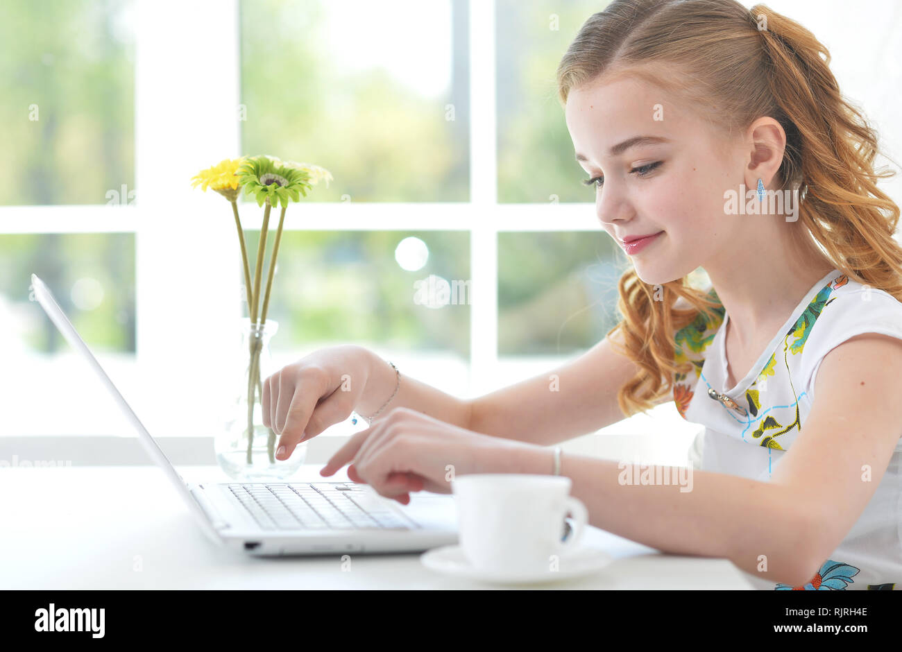 Portrait of cute girl with modern laptop Stock Photo - Alamy