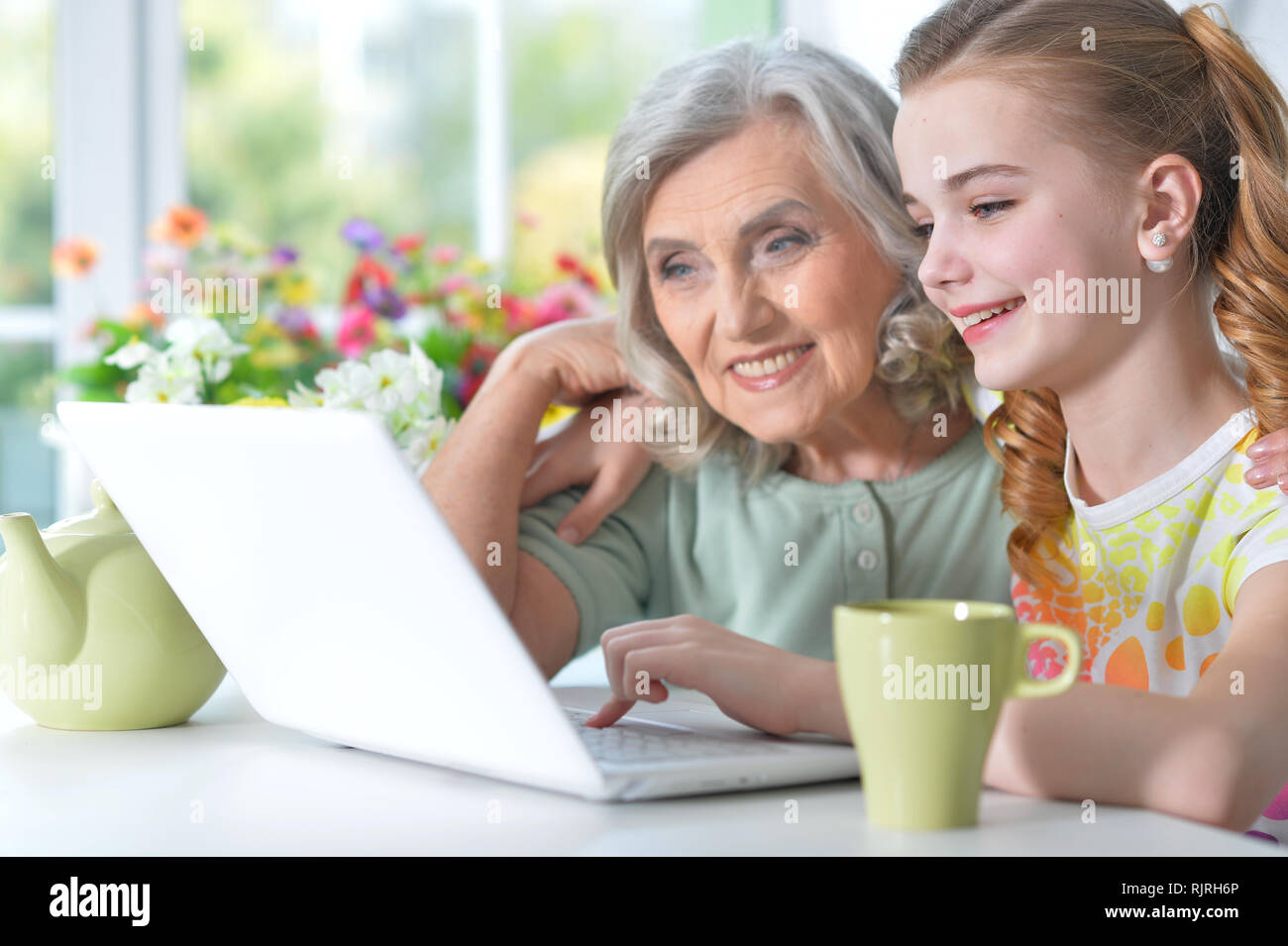 Portrait of girl with grandmother using laptop Stock Photo - Alamy